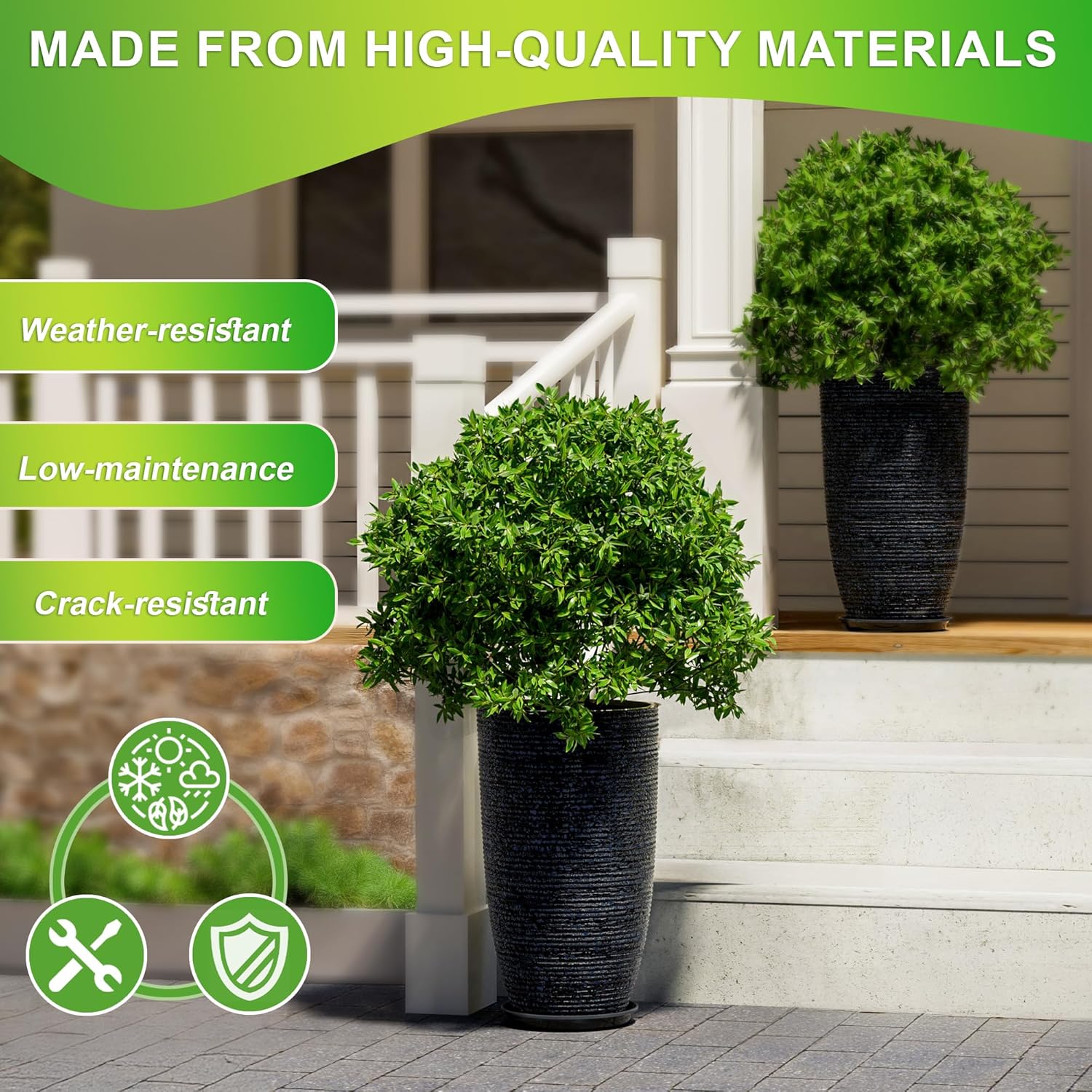 QCQHDU Large Tall Blue Planters with Saucer - 9 Gallon 12" Diameter x 21" H Faux Stone Round Pots for Indoor Plants, Outdoor Patio & Porch Decor, Heavy Duty Weatherproof Plant Containers