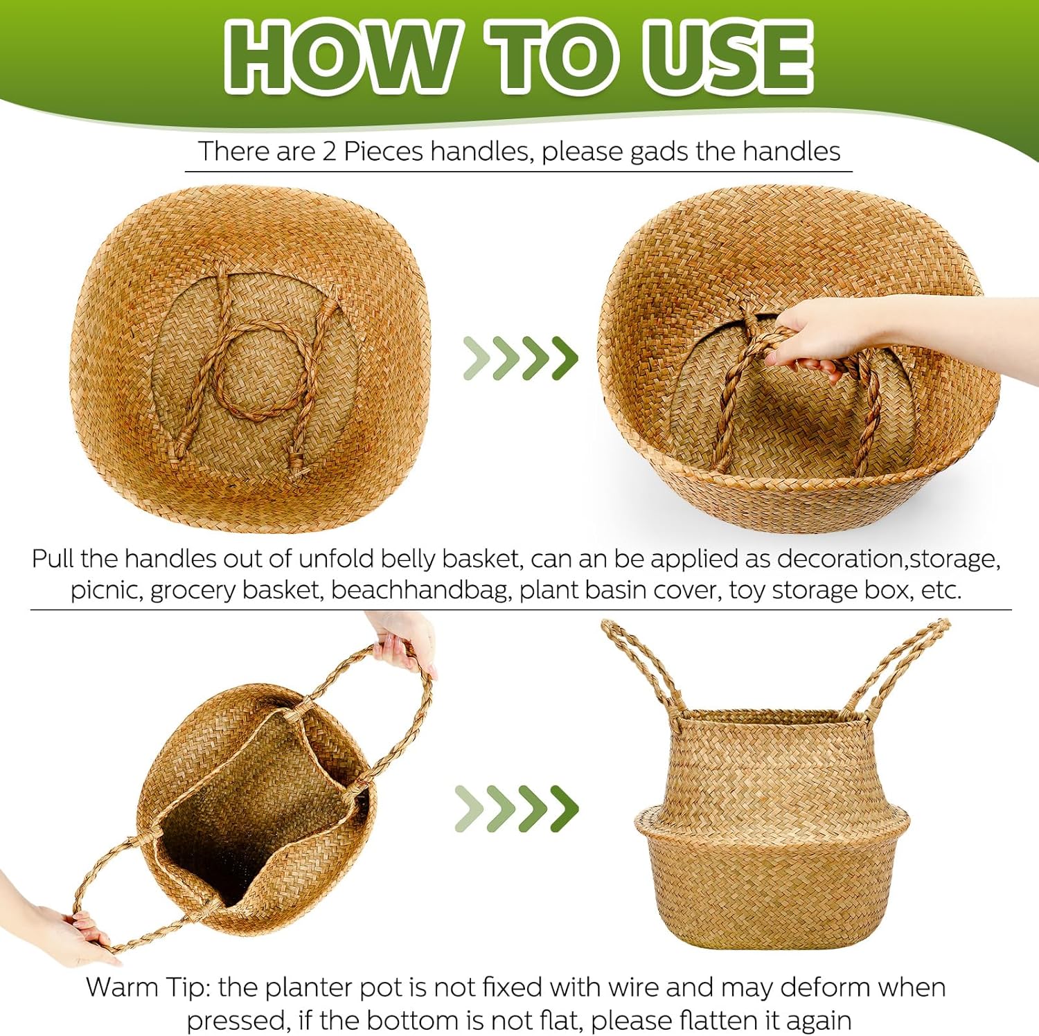 Qunclay Woven Seagrass Baskets Belly Basket Folding Boho Natural Plant Pot with Handles Round Decorative Wicker Large Indoor Planter for Home Outdoor Tree Planters Decor(12 x 11 Inch, 4 Pcs)