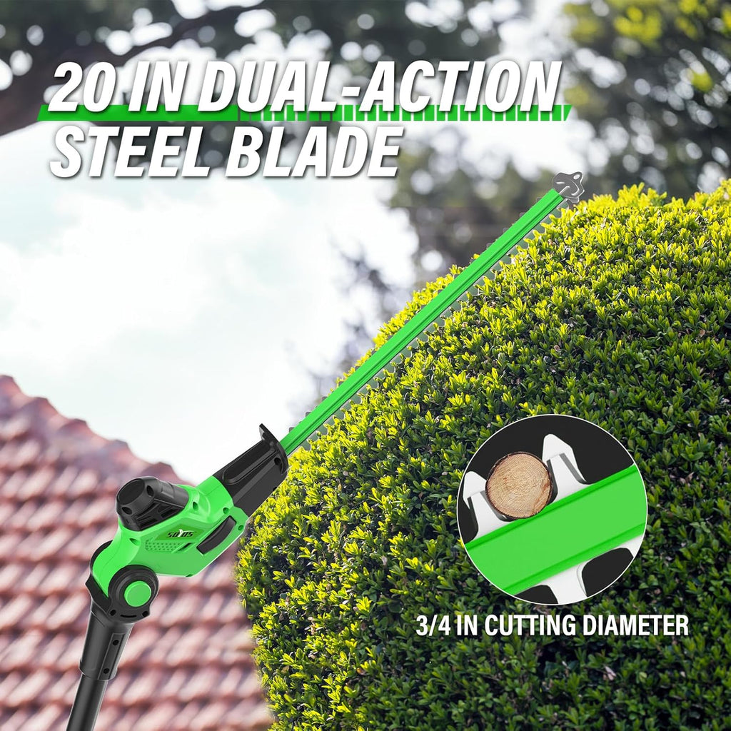 SOYUS Pole Hedge Trimmer Cordless, 18-inch Electric Hedge Trimmer with Extension Pole, 15-Foot Max Reach, Multi-Angle, 2.0Ah Battery and Charger Included