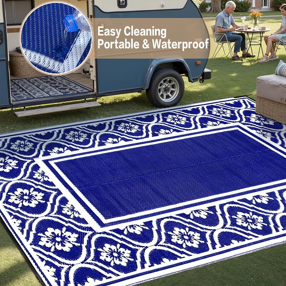 Plastic Outdoor Rug 6'x9' Waterproof Camping Carpet Outside Area Rug Reversible Light Blue Rugs for RV Deck Entryance Porch Picnic Balcony Beach