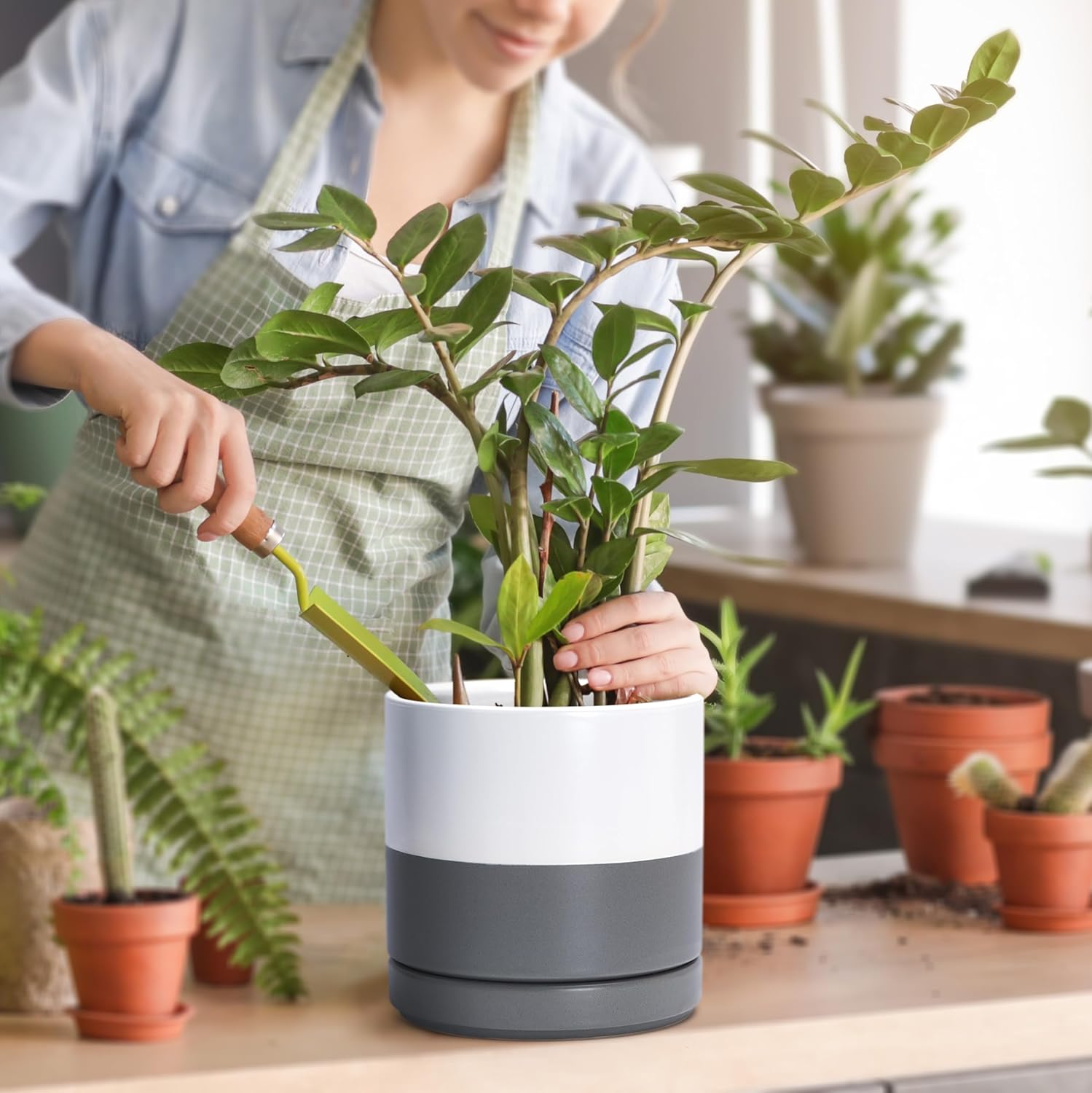 D'vine Dev 3 Inch & 4 Inch & 6 Inch, Set of 3 Round Ceramic Planter Pot with Drainage Hole and Saucer, White/Speckled Grey, 94-T-S-6