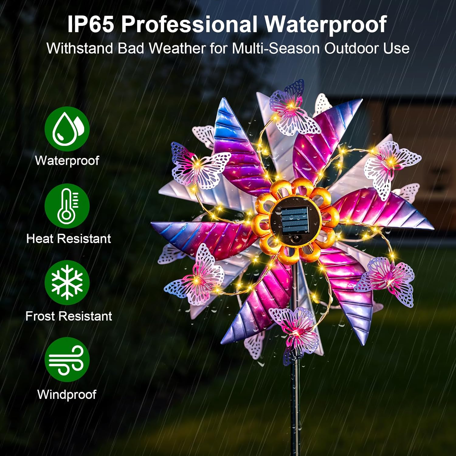 Solar Wind Spinner Outdoor, 360° Metal Large Butterflies Wind Sculpture with Outdoor Kinetic Windmills with Vine String LED Lights for Decor Garden Patio, Lawn & Yard