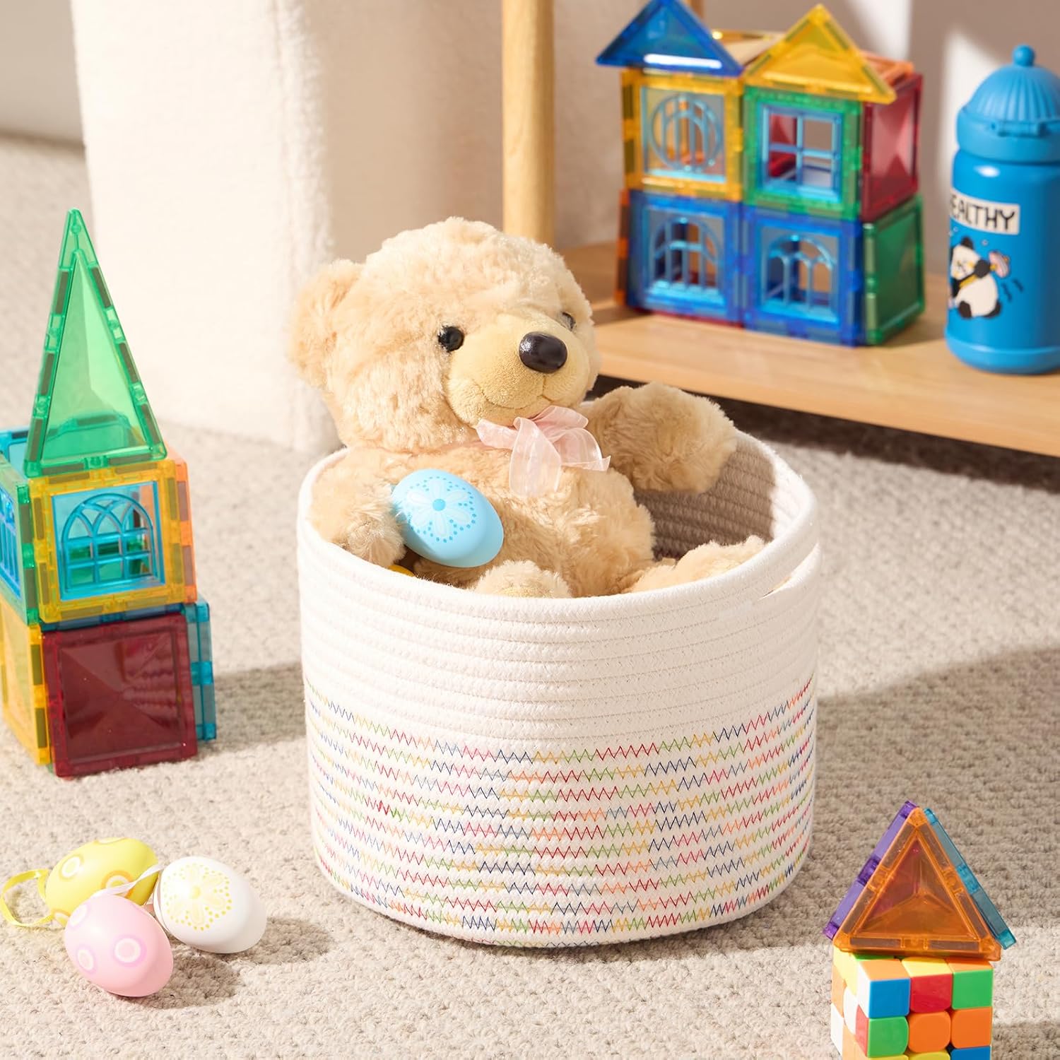 Small Basket for Organizing | Cube Shelf Closet Storage Baskets | 9.7×9.7×7.1” | Woven Rope Gift Basket | Nursery | Round 3 Packs Rainbow