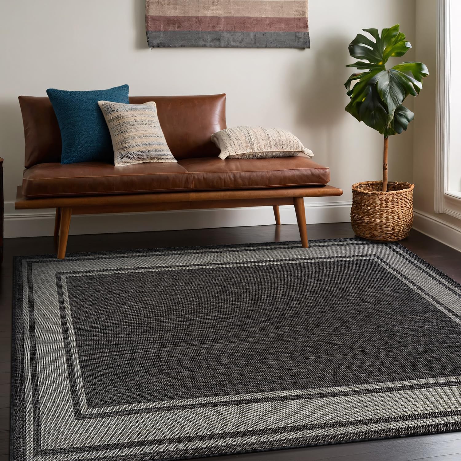 Beverly Rug Outdoor Rug 8x10 Modern Bordered Area Rugs for Indoor and Outdoor Patio Deck Porch Garden Waterproof Weather Sun Resistant Washable Outside Carpet (8 x 10 Dark Gray)