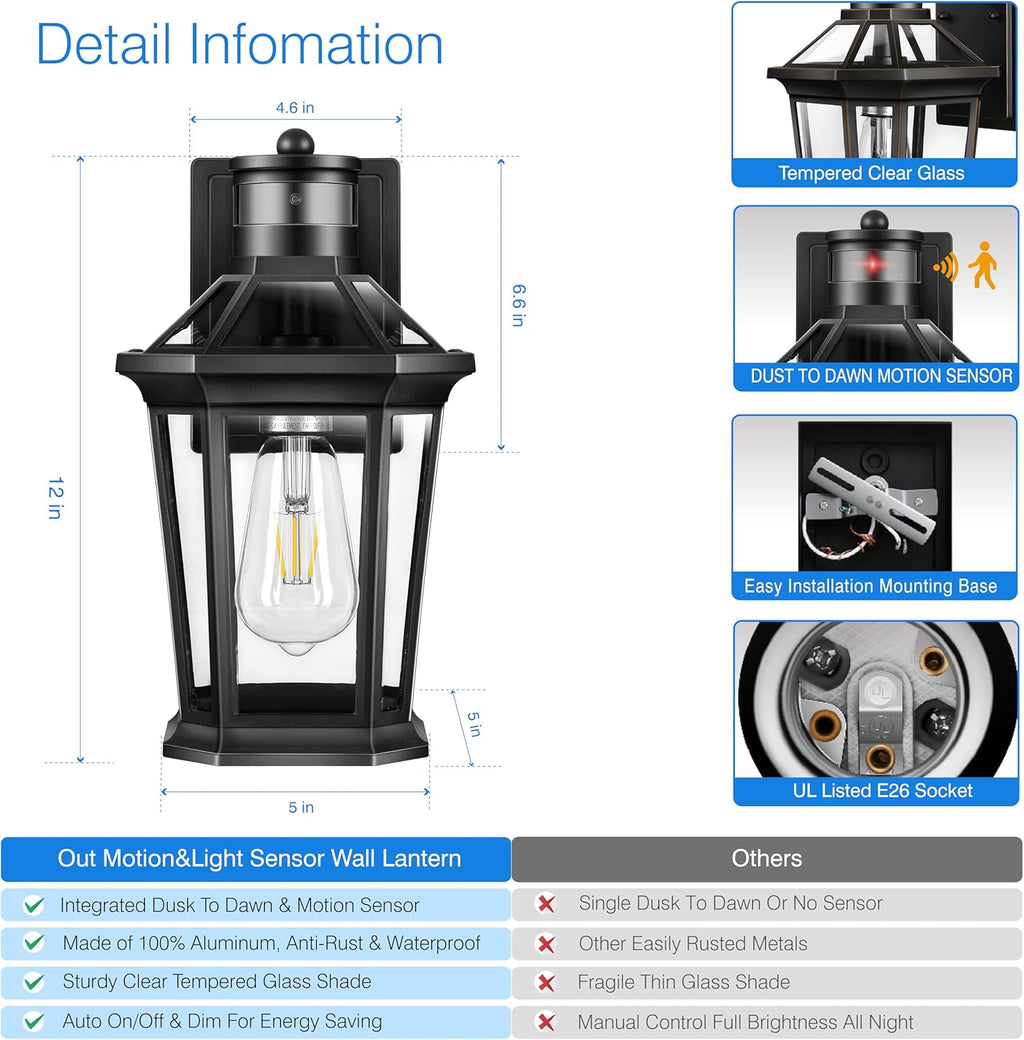 VIANIS Motion Sensor Outdoor Lighting, Outdoor Wall Lights Wall Mount with Clear Glass, Black Dusk to Dawn Garage Light Sconce, Waterproof Exterior Lights for House, Brightness Distance Adjustable