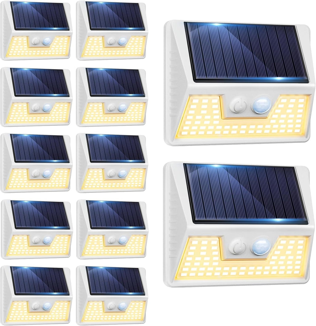 12 Pack Solar Lights Outdoor Motion Sensor, Waterproof Fence Lights with 3 Lighting Mode, Warm White LED Deck Lights for Outside Wall Yard Steps Stairs Garden - White