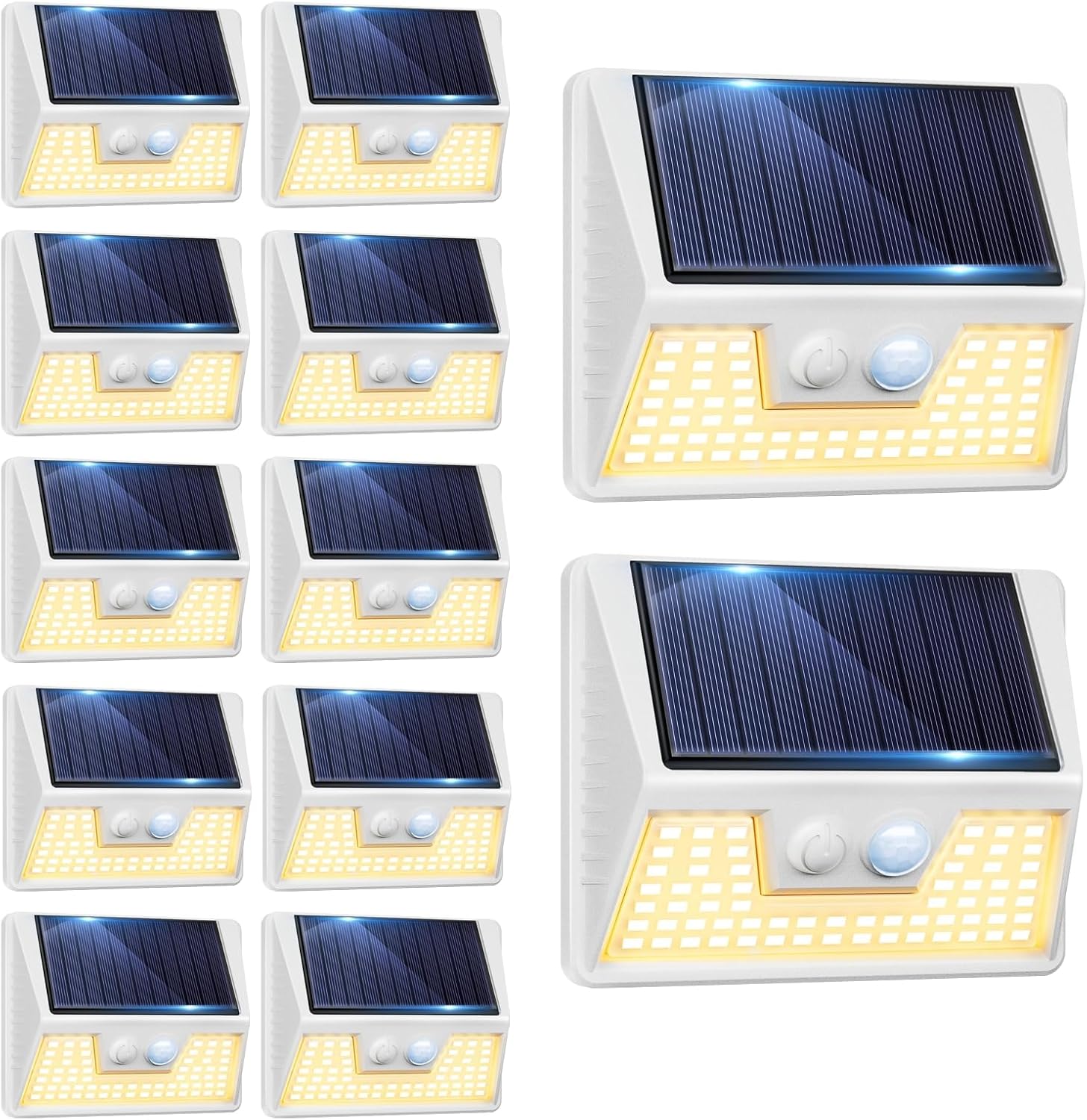 12 Pack Solar Lights Outdoor Motion Sensor, Waterproof Fence Lights with 3 Lighting Mode, Warm White LED Deck Lights for Outside Wall Yard Steps Stairs Garden - White