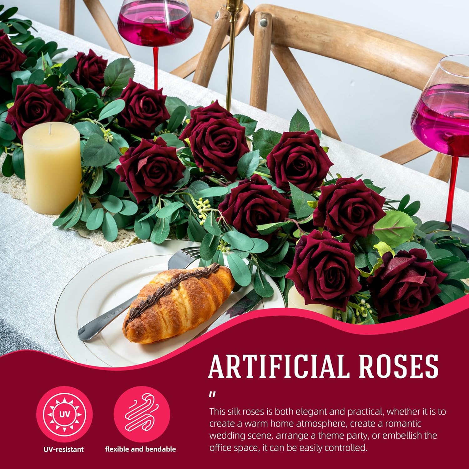 Fake Roses Faux Flowers Silk Roses Artificial Roses with Stems 16.5In Realistic Artificial Flowers Suitable for Indoor Home Decoration Diy Bouquet Wedding Decor Party Decor 12PCS(Black red)