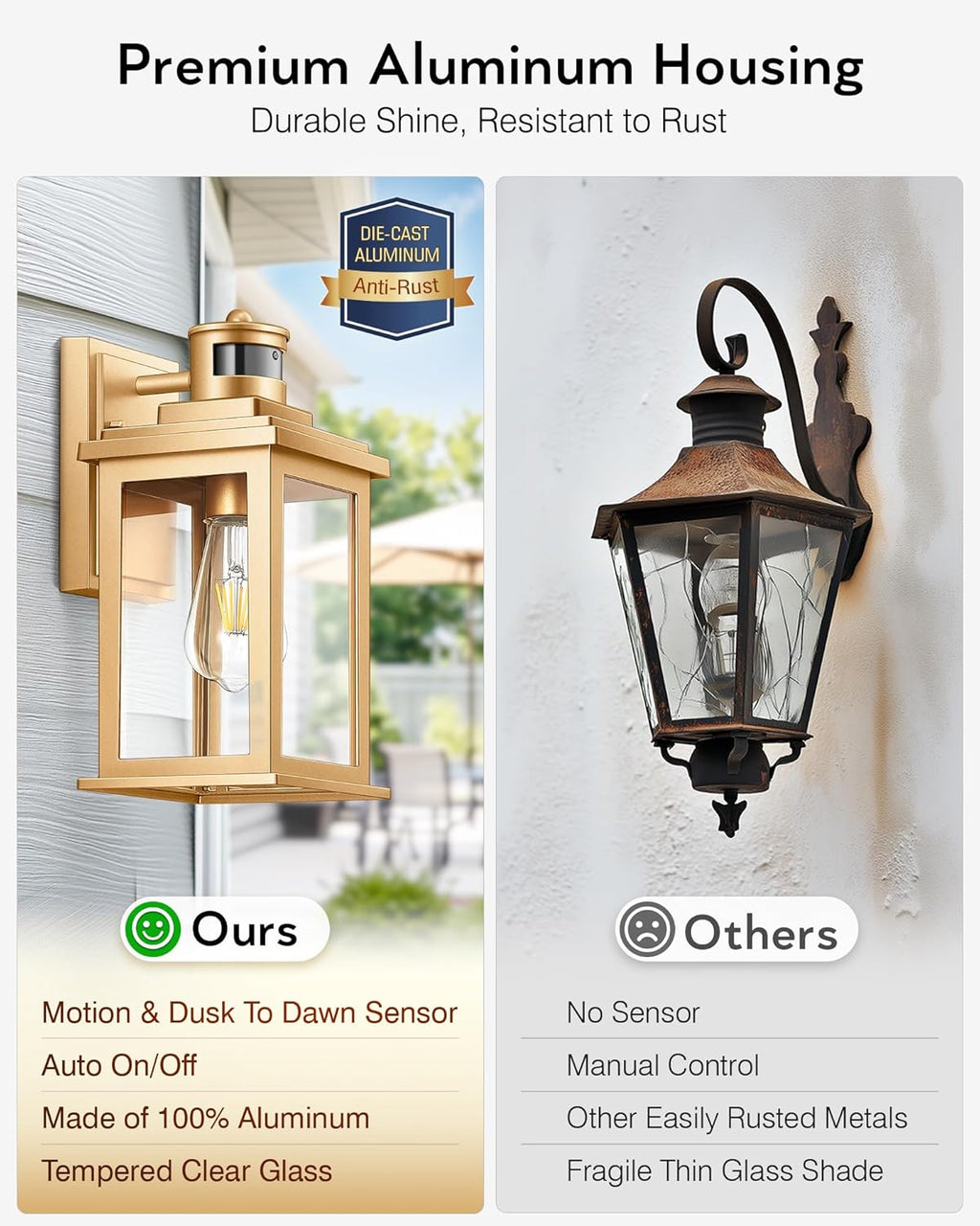 VIANIS Motion Sensor Exterior Lights for House, Dusk to Dawn Outdoor Light Fixture Lantern, Gold Waterproof Outdoor Motion Sensor Light for House, Doorway, Entryway, Garden, Hardwired, Non-Solar