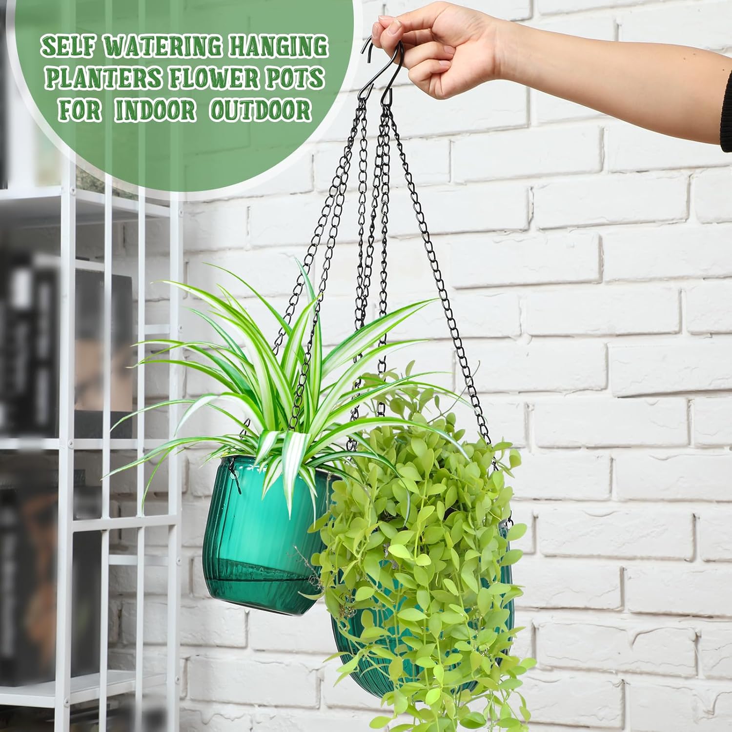 Maxcheck 4 Pcs Self Watering Hanging Planters Indoor Gift 6.5'' 4.5'' Hanging Flower Pots Baskets Outdoor Self Watering Plant with 3hooks Drainage Holes for Home(Emerald)