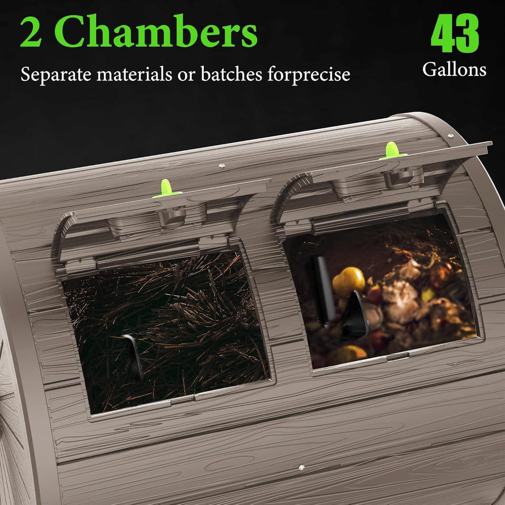 Dual Chamber Tumbling Composter 43 Gallon Large Outdoor Tumbling Composter Efficient Batch Composting Easy Turn Design (Grey)