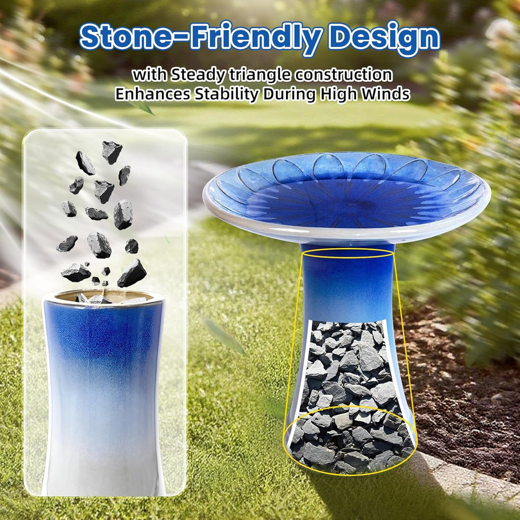 Ceramic Bird Bath for Outdoors – 18" H Birdbath Tool-Free Assembly, Hand-Glazed Earthenware with Non-Slip Bowl, Weather-Proof Sturdy Pedestal Design, Garden Decor (Blue)