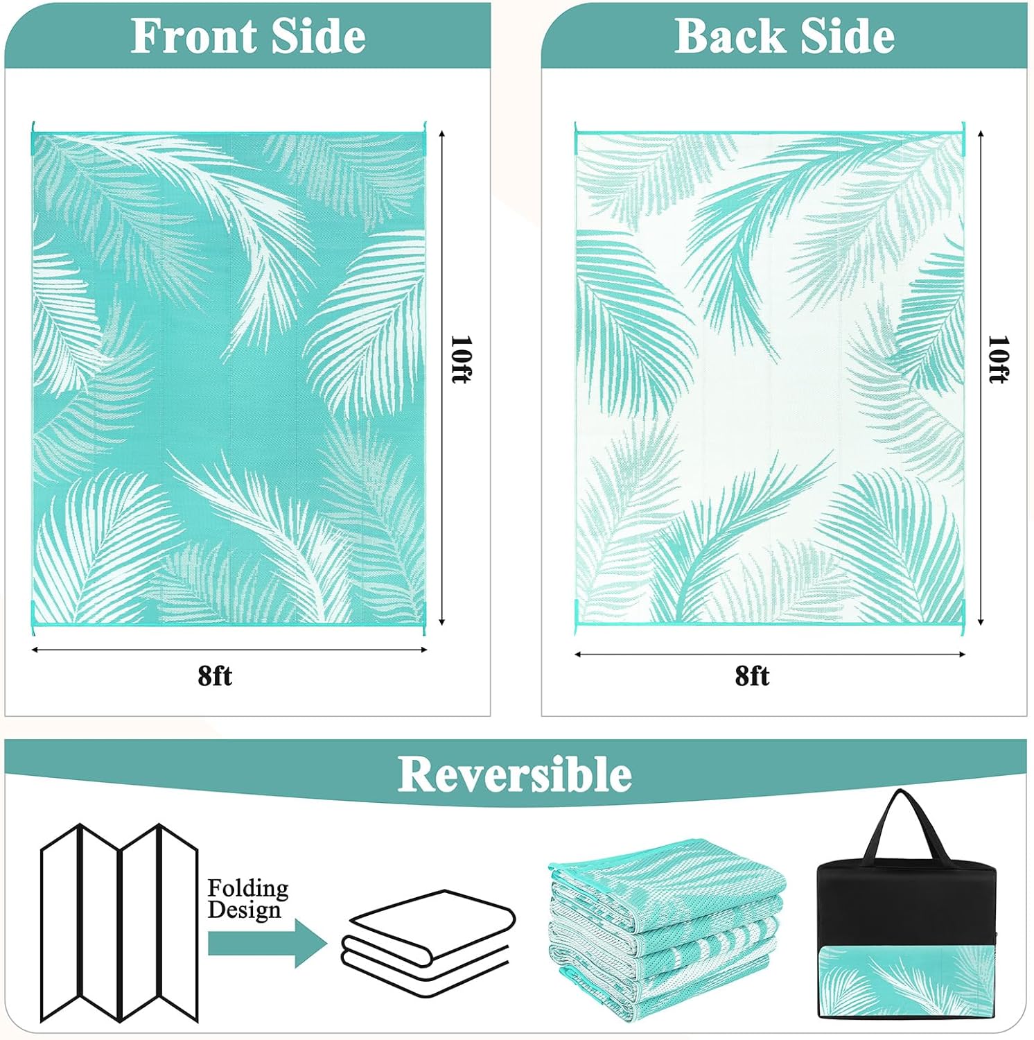 Pauwer Waterproof Outdoor Rug 8x10, Reversible Plastic Straw Patio Camping Rug, Indoor Outdoor RV Mat Carpet for Deck, Camper, Porch, Balcony, Backyard, Picnic, Leaf Light Blue