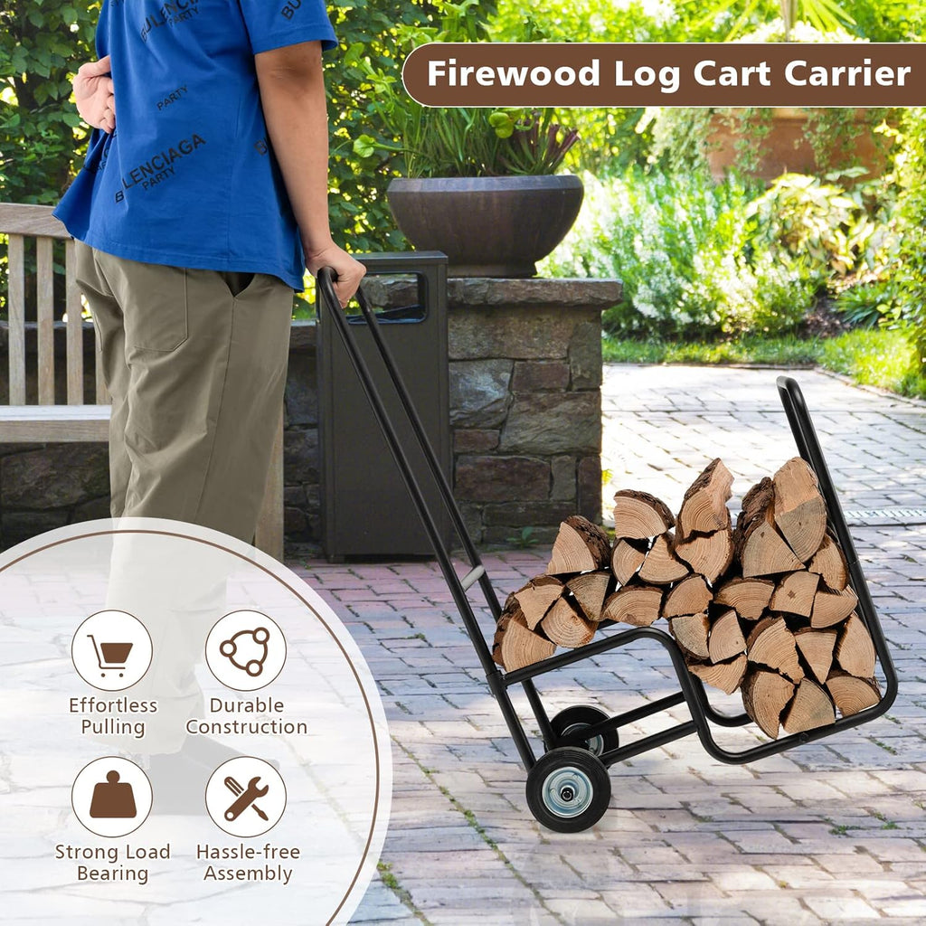 S AFSTAR Firewood Log Cart Carrier, 35” Height Wood Rack Storage Mover w/2 Rubber Wheels & Ergonomic Handle, Heavy-Duty Steel Fireplace Log Carrier Mover, Rolling Firewood Cart for Indoor Outdoor