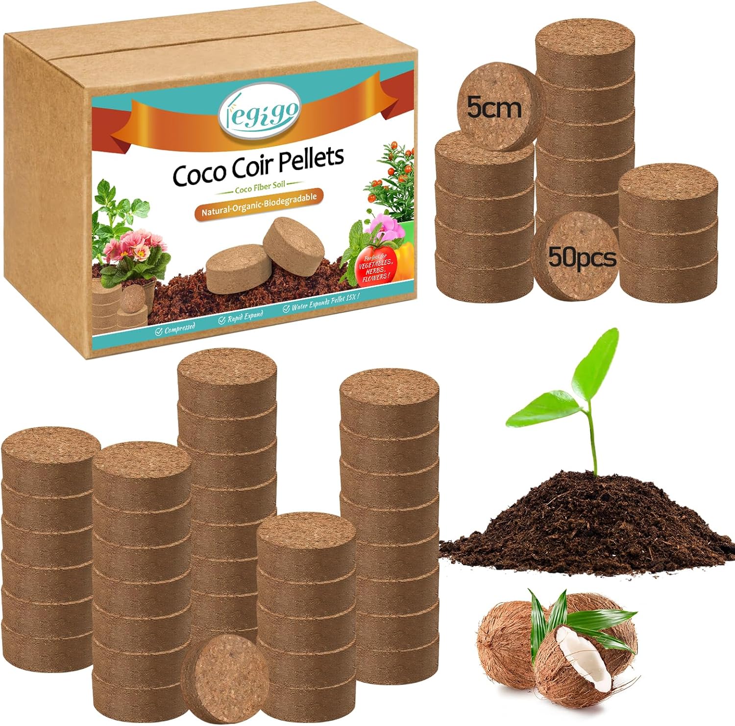 Legigo 50 Pcs 50mm Organic Coco Coir Pellets for Plants- Compressed Coconut Coir Potting Soil, Coco Fiber Pellets Coco Coir Soil for Planting, Garden, Bonsai, Herbs, Flower & Vegetables