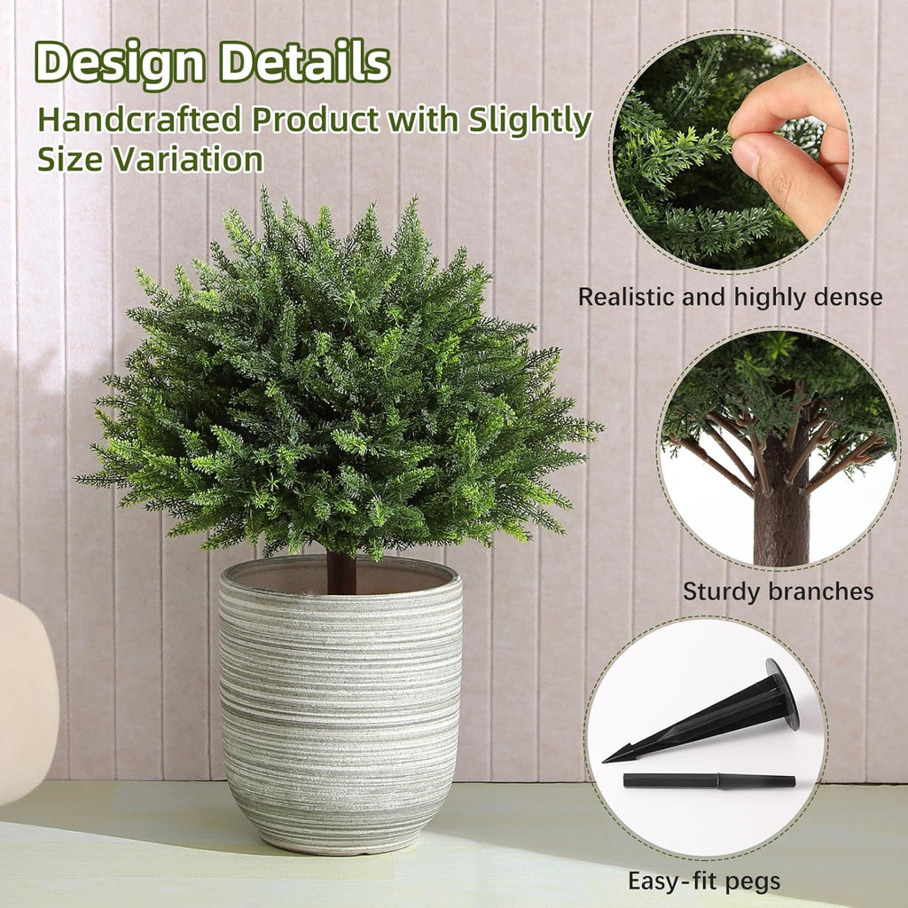 23.6Inch Artificial Cedar Topiary, 2 Pack UV Resistant Faux Evergreen Shrubs with Ground Spikes, Indoor Outdoor Potted Plants for Porch, Garden, Front Door Decor