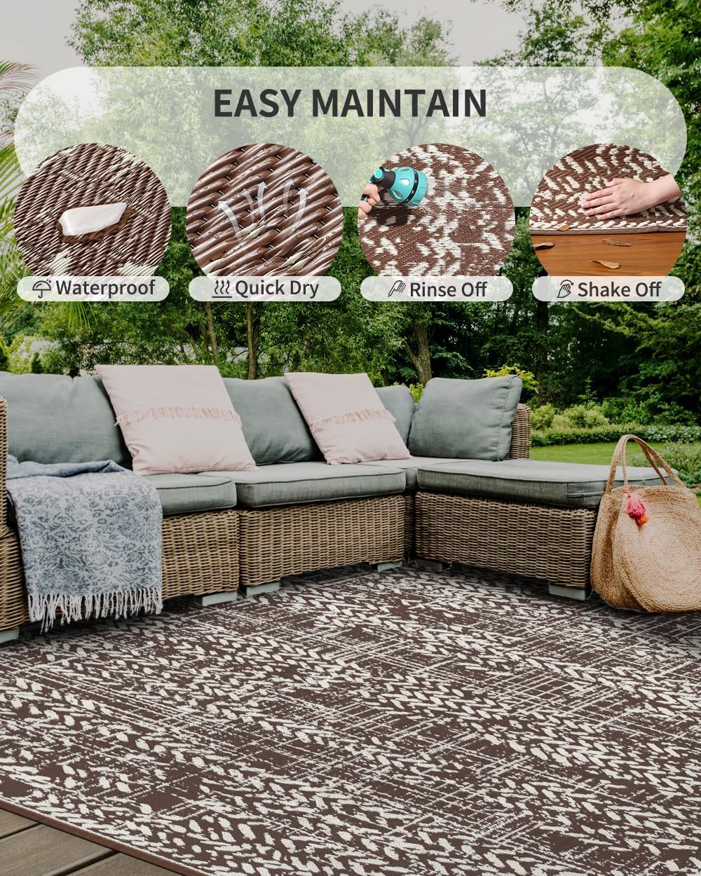 MontVoo Outdoor Rug Waterproof-Patio Rug Mat 5x8 Outdoor Carpet Reversible RV Camping Picnic Plastic Straw Rug Outside Outdoor Area Rug for Balcony Deck Backyard Patio Decor Boho Modern-Brown