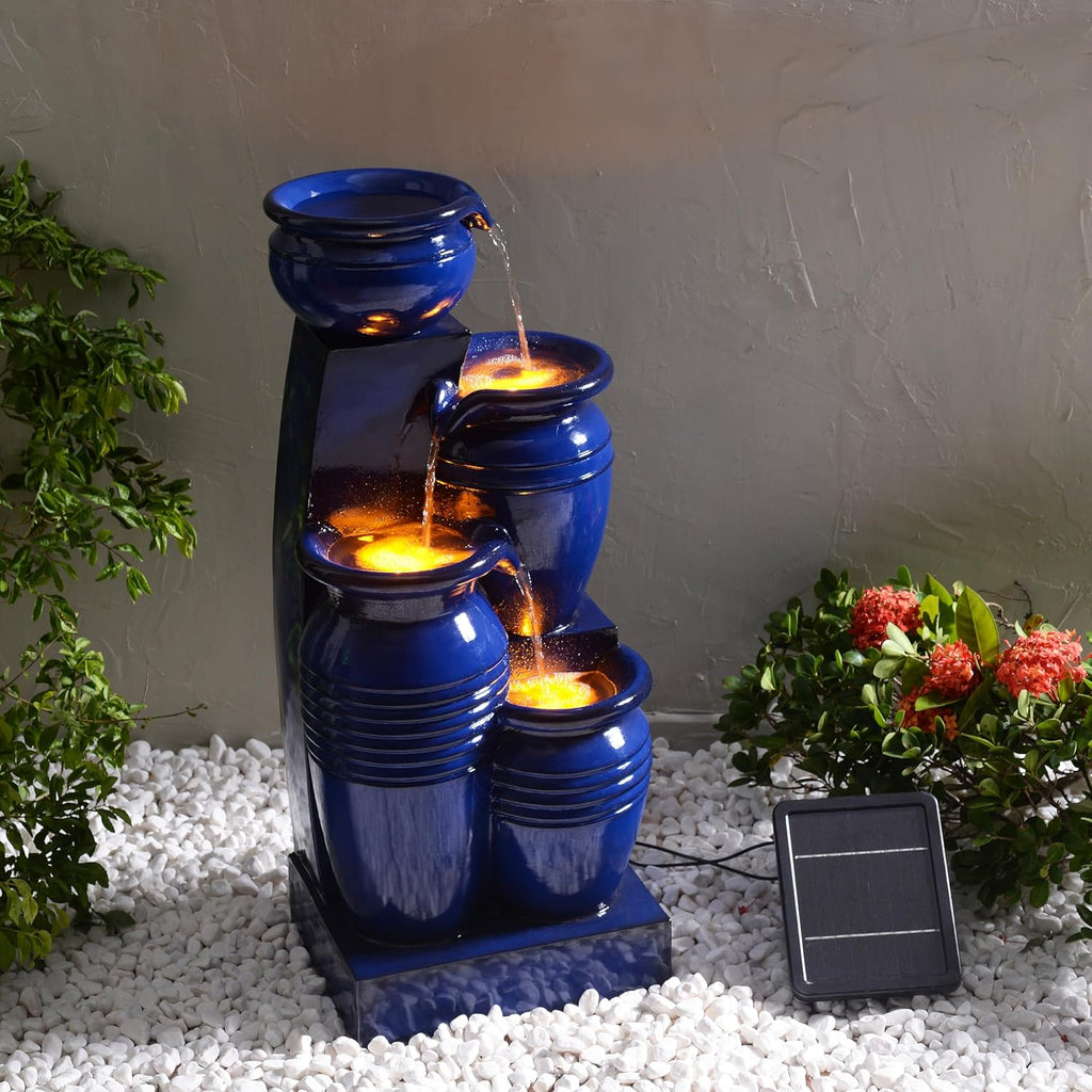 Teamson Home 28.74 in. 4-Tier Cascading Bowl Solar-Powered Water Fountain with LED Lights for Gardens, Landscaping, Patios, Balconies, Lawns, Navy Blue