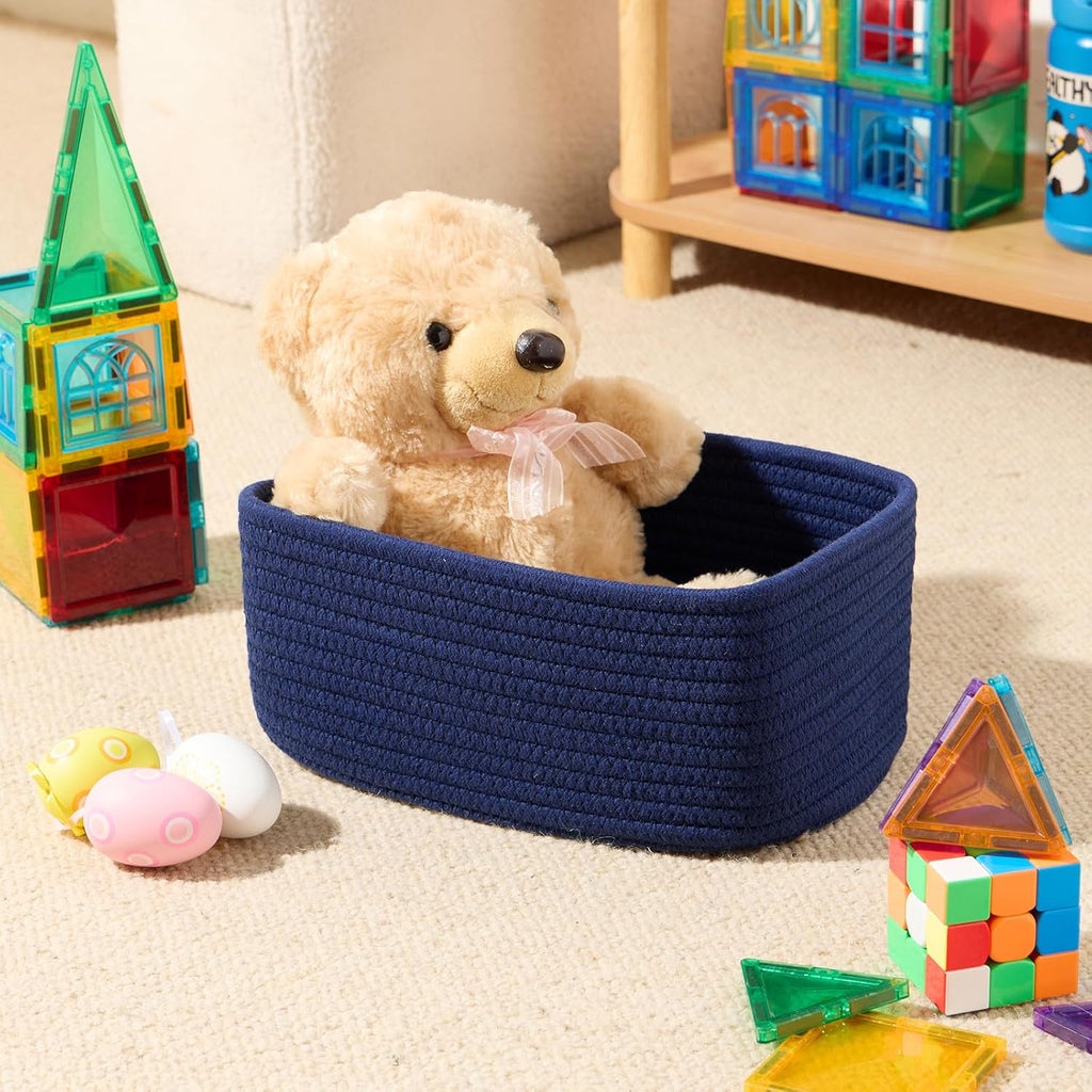 Small Storage Baskets for Organizing | Closet Organizer Bins | Shelf Toy Basket | Woven Rope Baskets | Cube Decorative Box | Shallow Basket | 11.5x7.5x4.7” | 3 Packs Navy Blue