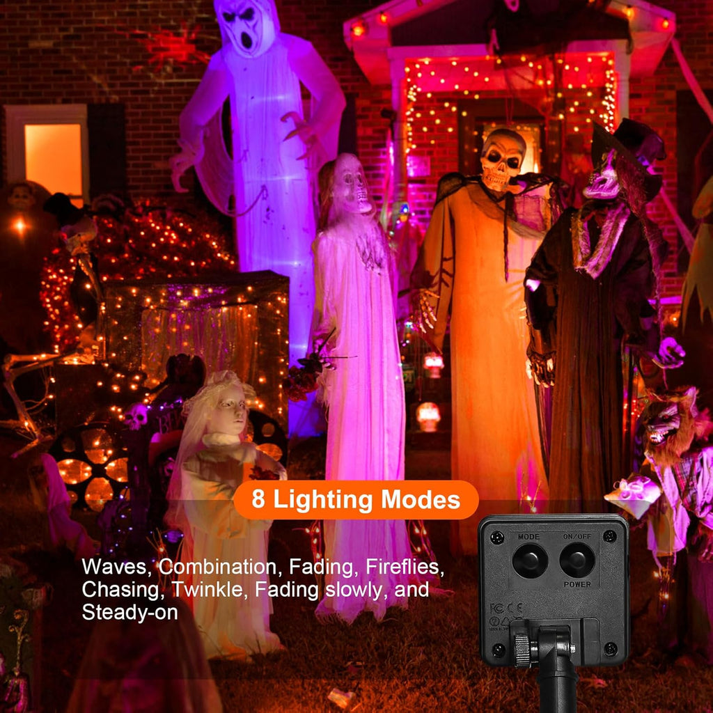 Solar Powered String Lights Outdoor, 2 Pack Total 200 LED 66FT Solar Powered Halloween Decorative Fairy Lights 8 Modes Black Wire for Halloween, Garden, Patio, Party, Yard, Christmas(Orange)