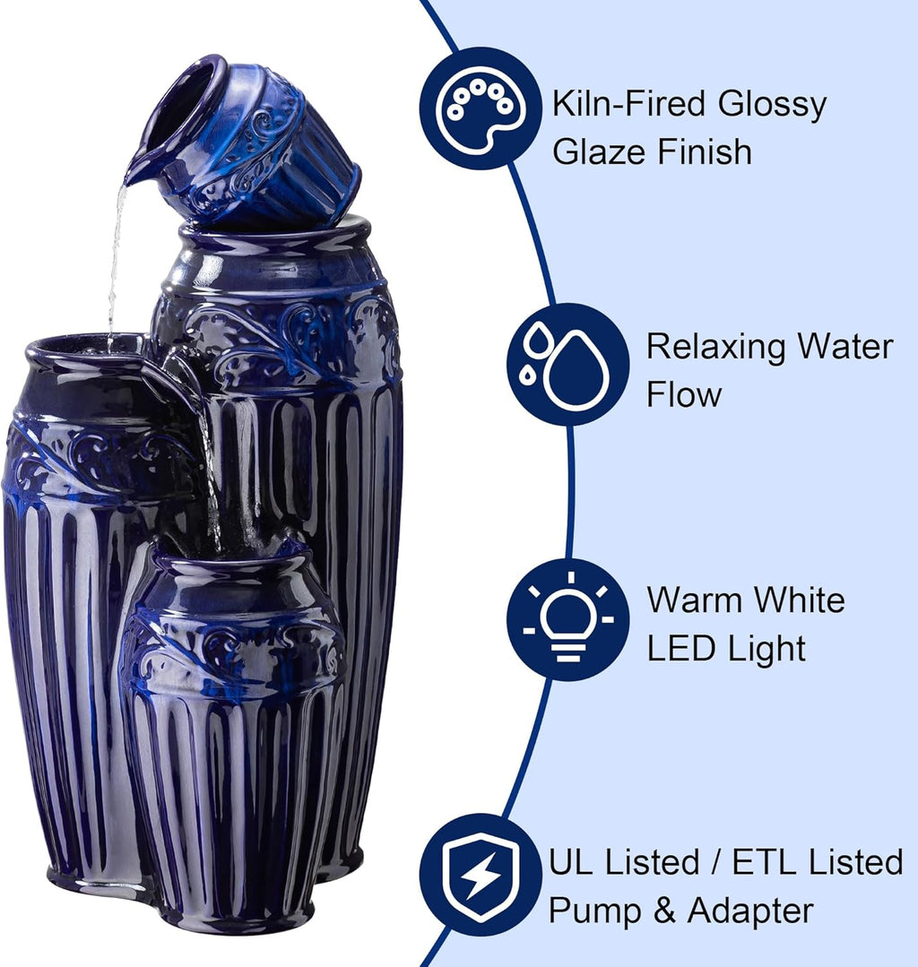 Glitzhome 35.5" H Oversized Outdoor Water Fountain with LED Lights and Pump, 4 Tier Cobalt Blue Embossed Pattern Ceramic Pots Cascading Floor Standing Fountain for Porch Deck Garden Patio Backyard