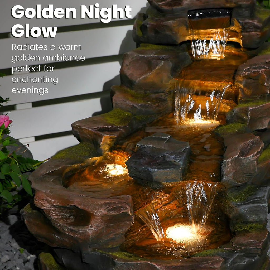 Water Fountain Outdoor Floor Standing 5-Tiers Rock Natural Waterfall Outdoor Garden Fountains with LED Lights for Patio, Porch, Home Art Decor