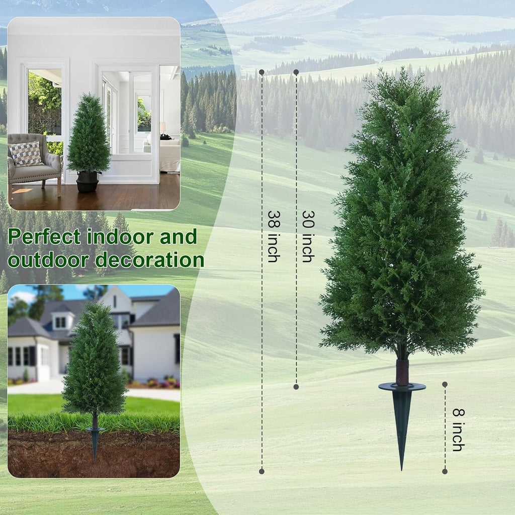 3FT Artificial Cedar Topiary Ball Trees with Ground Spike, 2 Pack UV Resistant Artificial Shrubs, Fake Evergreen Artificial Plant Brush for Indoor Outdoor Front Porch Garden