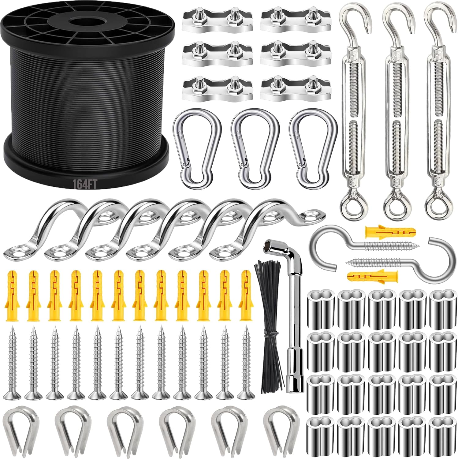 164FT Black Vinyl-Coated 304 Stainless Steel Cable – Heavy Duty String Lights Hanging Kit with Turnbuckle, Thimble & Hooks for Outdoor, Patio, Garden, Christmas Lights