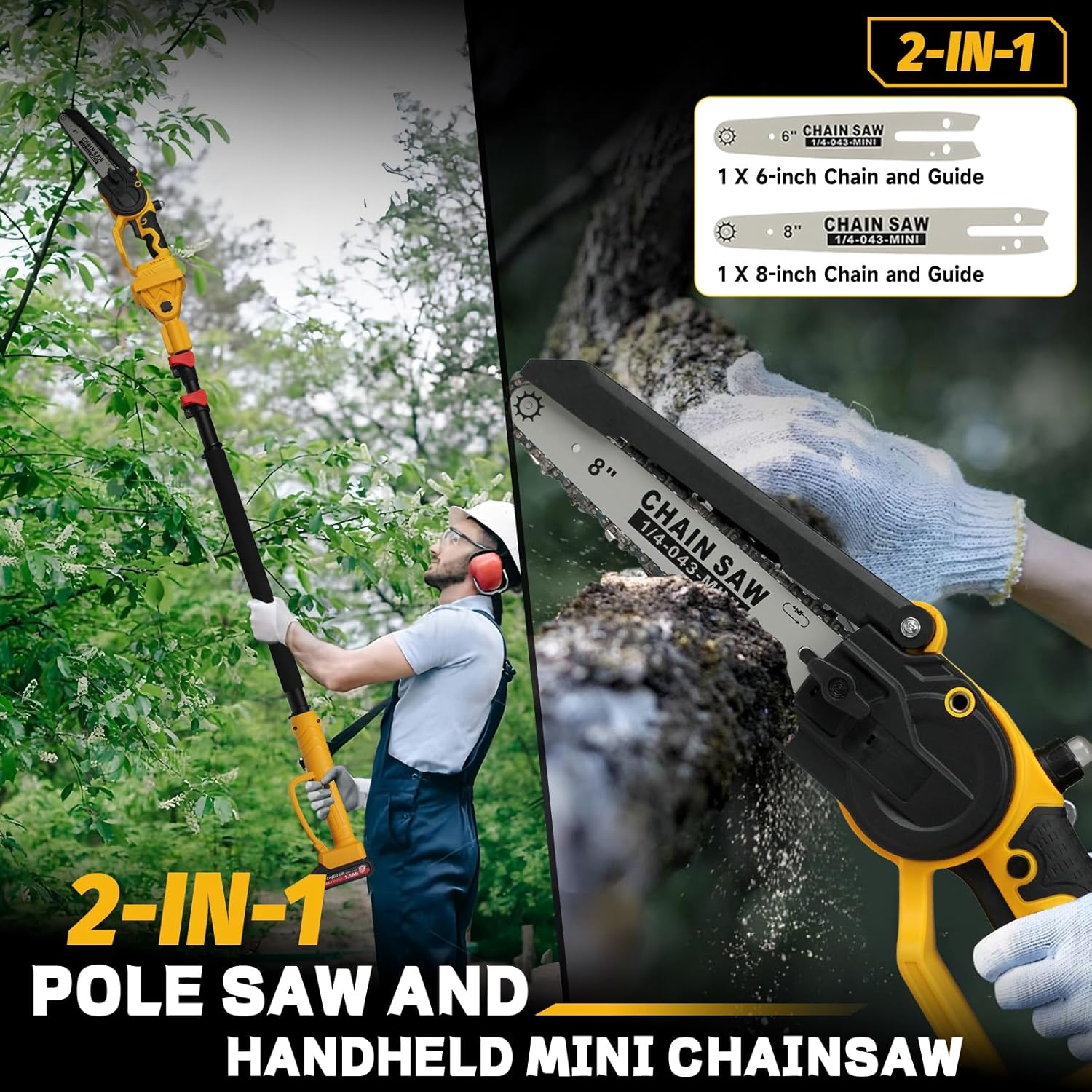 2-in-1 Cordless 8" Pole Saw & Mini Chainsaw Compatible with DeWALT 20V MAX Battery, Brushless 8 Inch & 6 Inch Telescoping Pole Chainsaw Combo Kit 15 Ft Max Reach for Tree Branches Pruning(Tool Only)