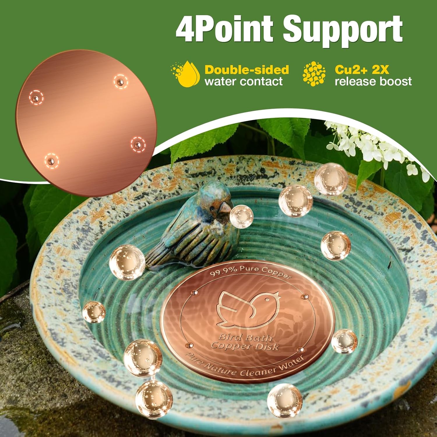 2Pack Bird Bath Copper Disk, 99.99% Pure Copper Cleaning Disc with Four-Point Support, Physical Safe Water Cleaner to Help Maintain Clearer Water for Outdoor Birdbaths & Bowls, All-Season Use