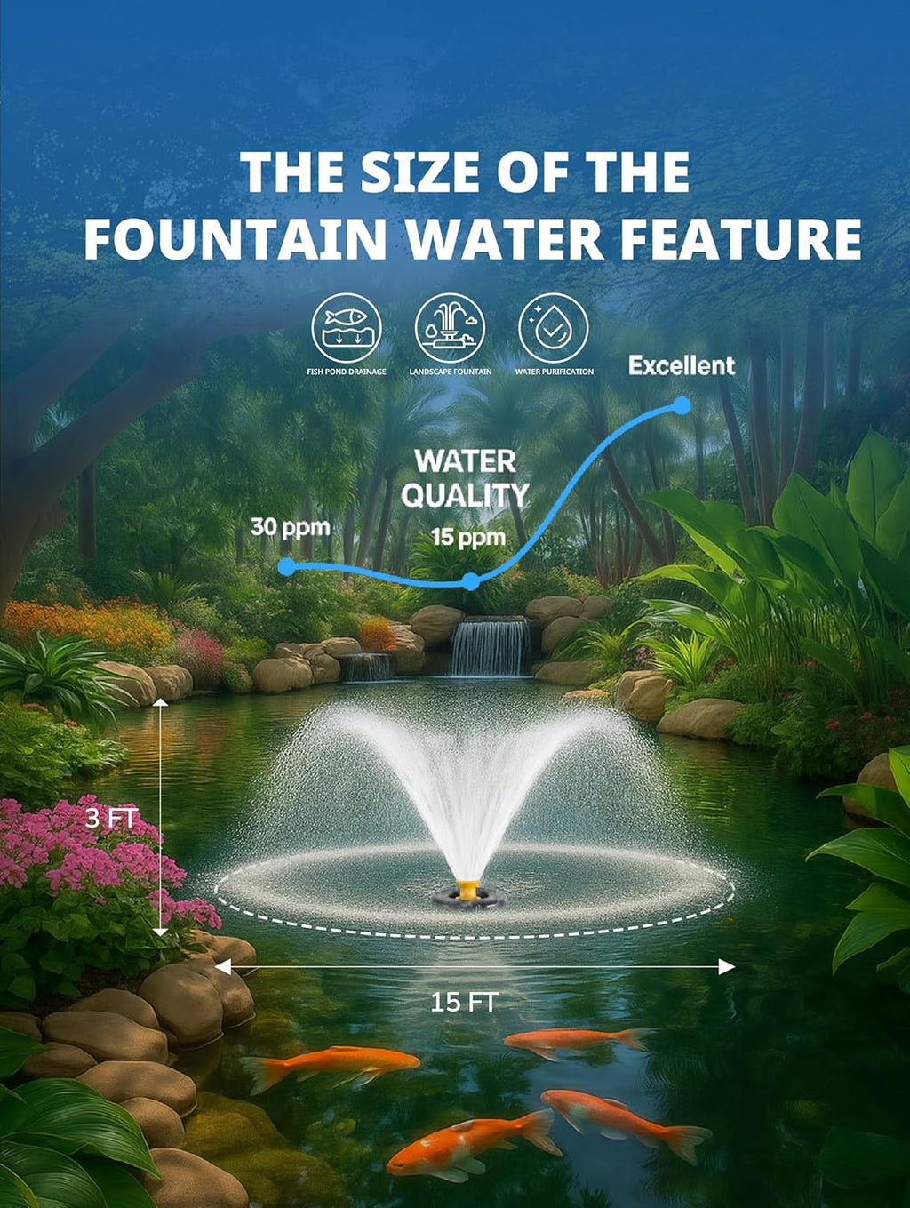 Pond Fountain Aerator Pump with Timer, 50ft Power Cord, 2 Spray Patterns, Energy-Efficient Water Circulation for Ponds & Lakes, Easy Installation