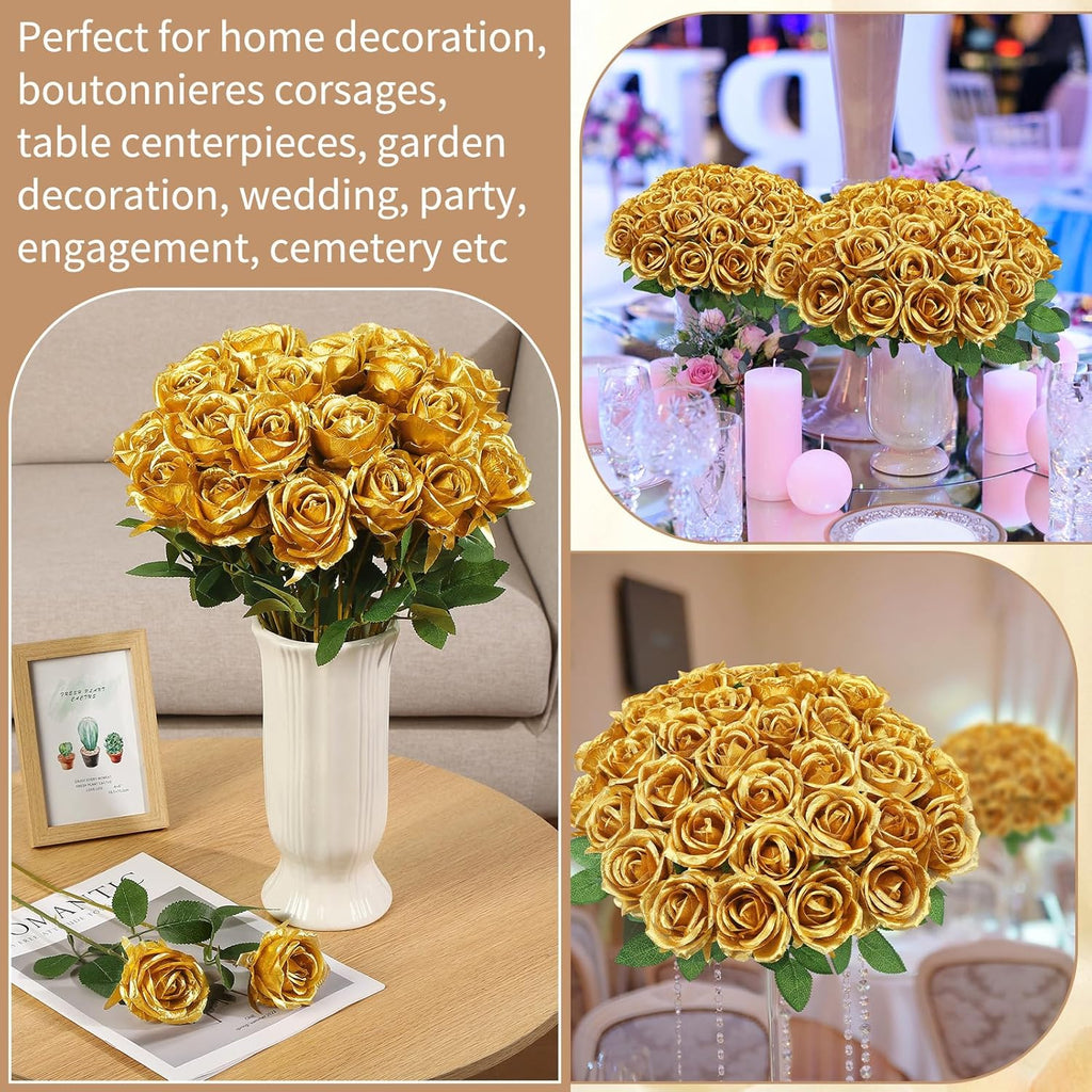 36 Pcs Gold Artificial Roses with Long Stems, Fake Silk Rose Artificial Flowers Bulk for Bridal Wedding Bouquet Centerpiece Ball Arrangement Party Decor