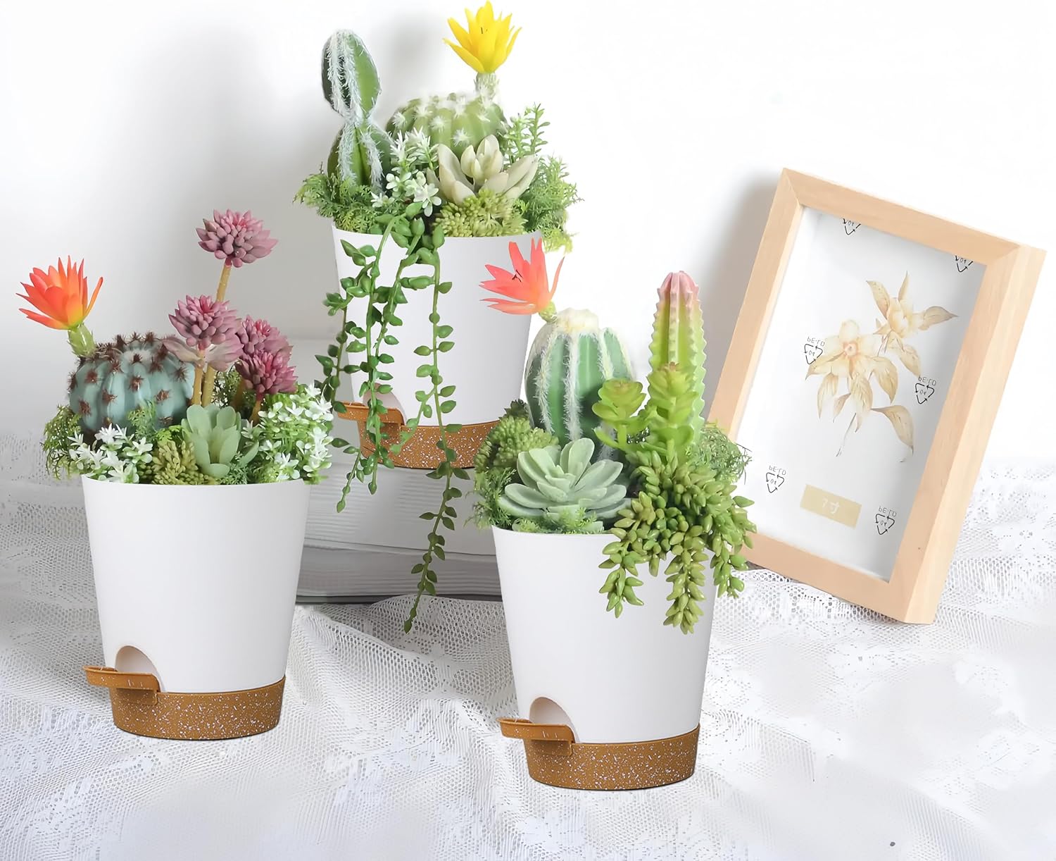 12 Pack 4 Inch Self Watering Plant Pots with Drainage and Saucers，Plastic Flower Pots for Indoor and Outdoor Plants, Nursery Planters for Houseplants and Herbs White Brown, 4 inch 12pcs