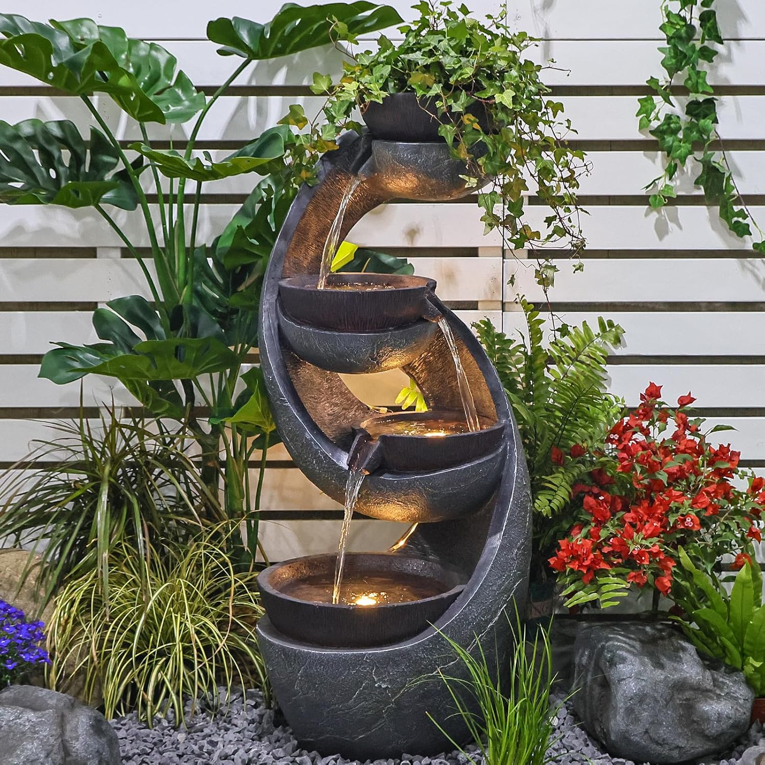 Outdoor Waterfall Fountain with LED Lights and Pump for Garden, Patio, Yard - 43.7 Inch UV-Resistant Freestanding Water Feature