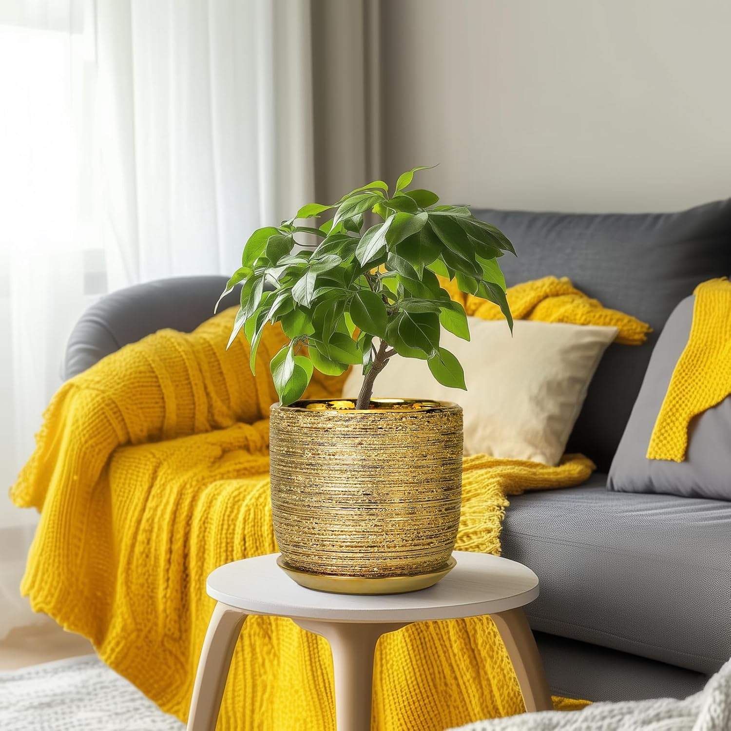 8 Inch Plant Pot - Ceramic Planter with Drainage Hole and Saucer, Modern Round Planter for Indoor Flowers, Gifts for Plant Lovers, Home House Office Room Decor, Gold