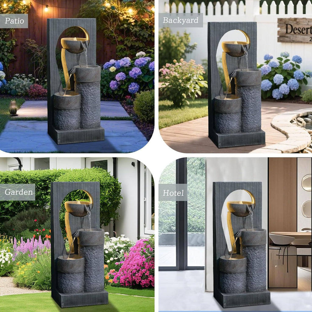 Outdoor Water Fountain for Patio & Garden, 41" Modern Stone-Look Fountain with LED Lights & Cascading Waterfall – UV-Resistant Freestanding Indoor/Outdoor Water Feature