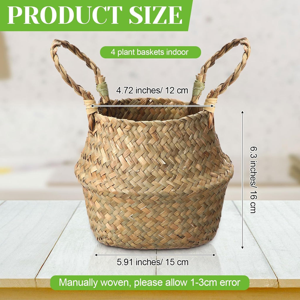 Qunclay 4 Pcs Woven Seagrass Baskets Belly Basket Folding Boho Natural Plant Pot with Handles Round Decorative Wicker Large Indoor Planter for Home Outdoor Tree Planters Decor (6.3 x 5.9 Inch)