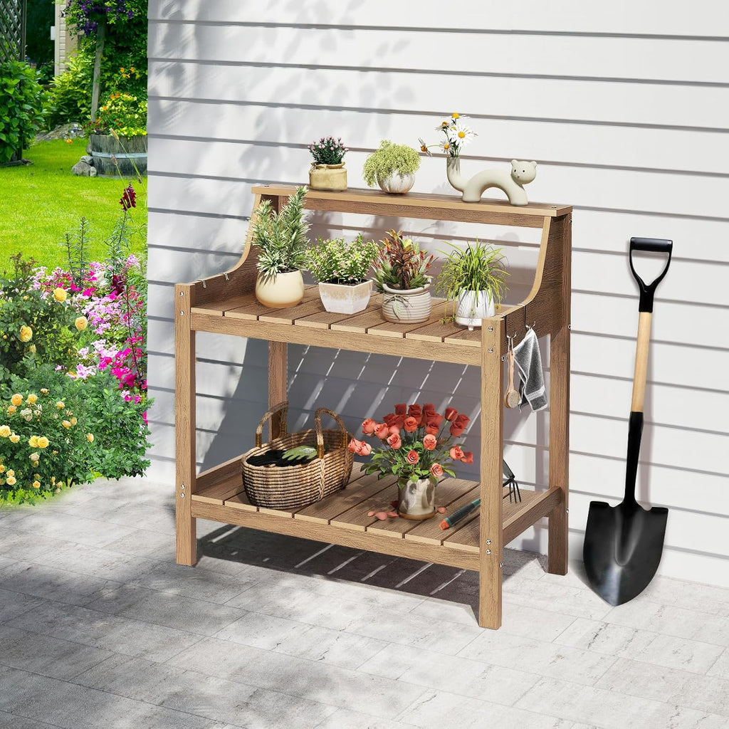 Potting Bench Table, HDPS Potting Bench with 4 Side Hooks, All-Weather Garden Table Work Station, Outdoor Potting Table for Porch, No Rust, No Fade, No Break, 360lbs Capacity (Teak, Large)