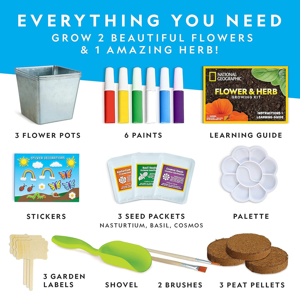 National Geographic Flower & Herb Gardening Kit for Kids - Gardening Set with 3 Stainless Steel Pots, Paint & Stickers, Kids Plant Growing Kit
