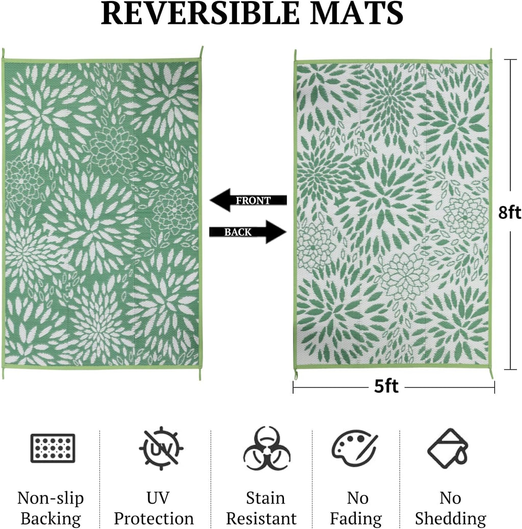 5'x8' Reversible Outdoor Rug - Eco-Friendly Plastic Straw Rug-Heavy-Duty Waterproof Mat, UV & Fade Resistant for Patio, Camping, RV, Deck, Balcony(5x8,Lake Blue&Floral)