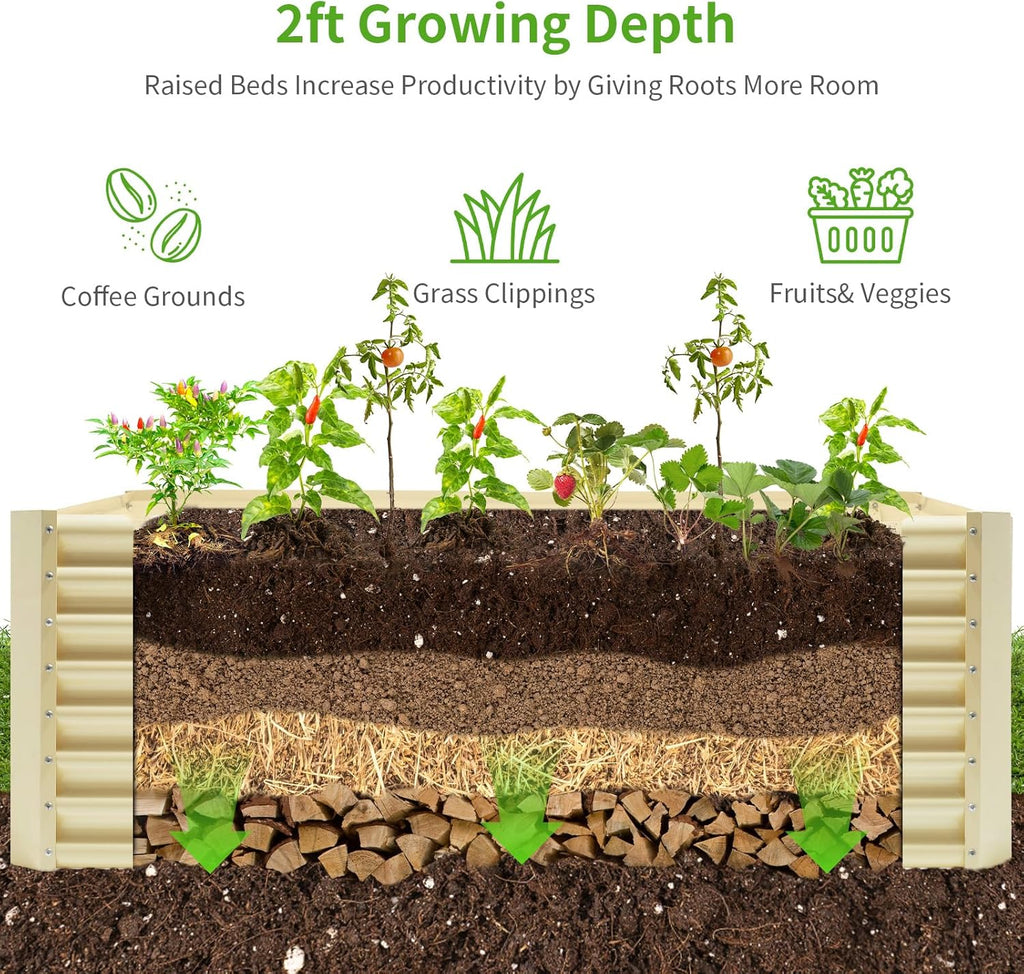 Land Guard 8×4×2ft Galvanized Raised Garden Bed, Planter Boxes Outdoor, Raised Garden Beds Outdoor for Vegetables, Flowers, Herbs, 479 Gallons, Cream Yellow…