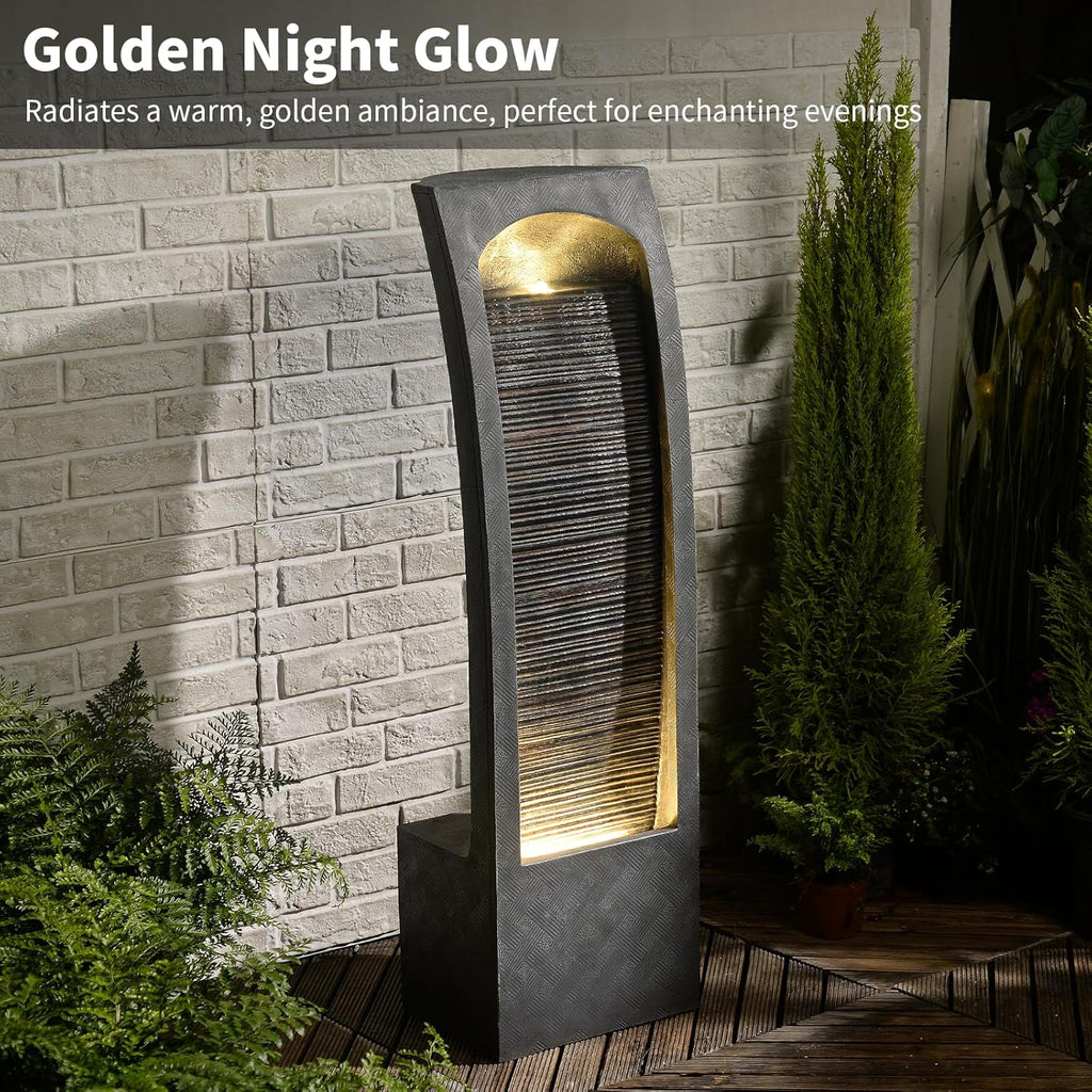 Indoor Water Fountain Curved Faux Slate Outdoor Waterfall Fountains Floor Standing Tiered Rock with LED Lights and Pump for Garden, Backyard, Deck, Patio, Porch and Home Art Decor