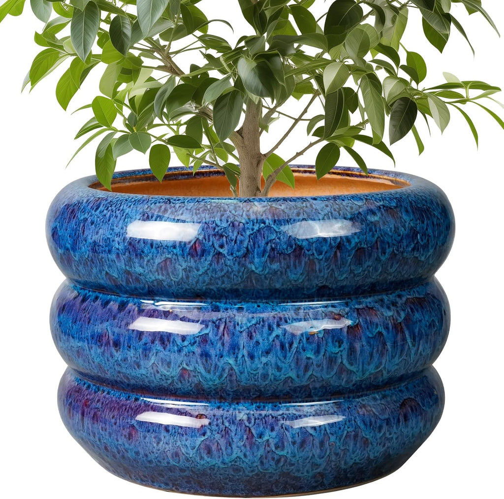 SQOWL Ceramic Pot for Plants - 10 Inch Plant Pot Indoor Outdoor Planter with Drainage Hole Large Flower Pot Decorative Plant Pot for Patio Living Room Decor Blue