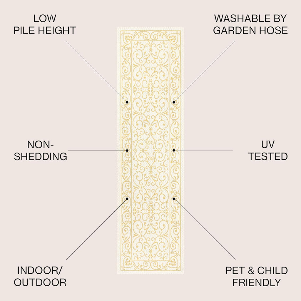 JONATHAN Y SMB106M-210 Charleston Vintage Filigree Textured Weave Indoor Outdoor Runner Rug, Classic,Traditional,Transitional Easy Clean,Bedroom,Kitchen,Backyard,Patio, Non-Shed, Cream/Yellow, 2 X 10