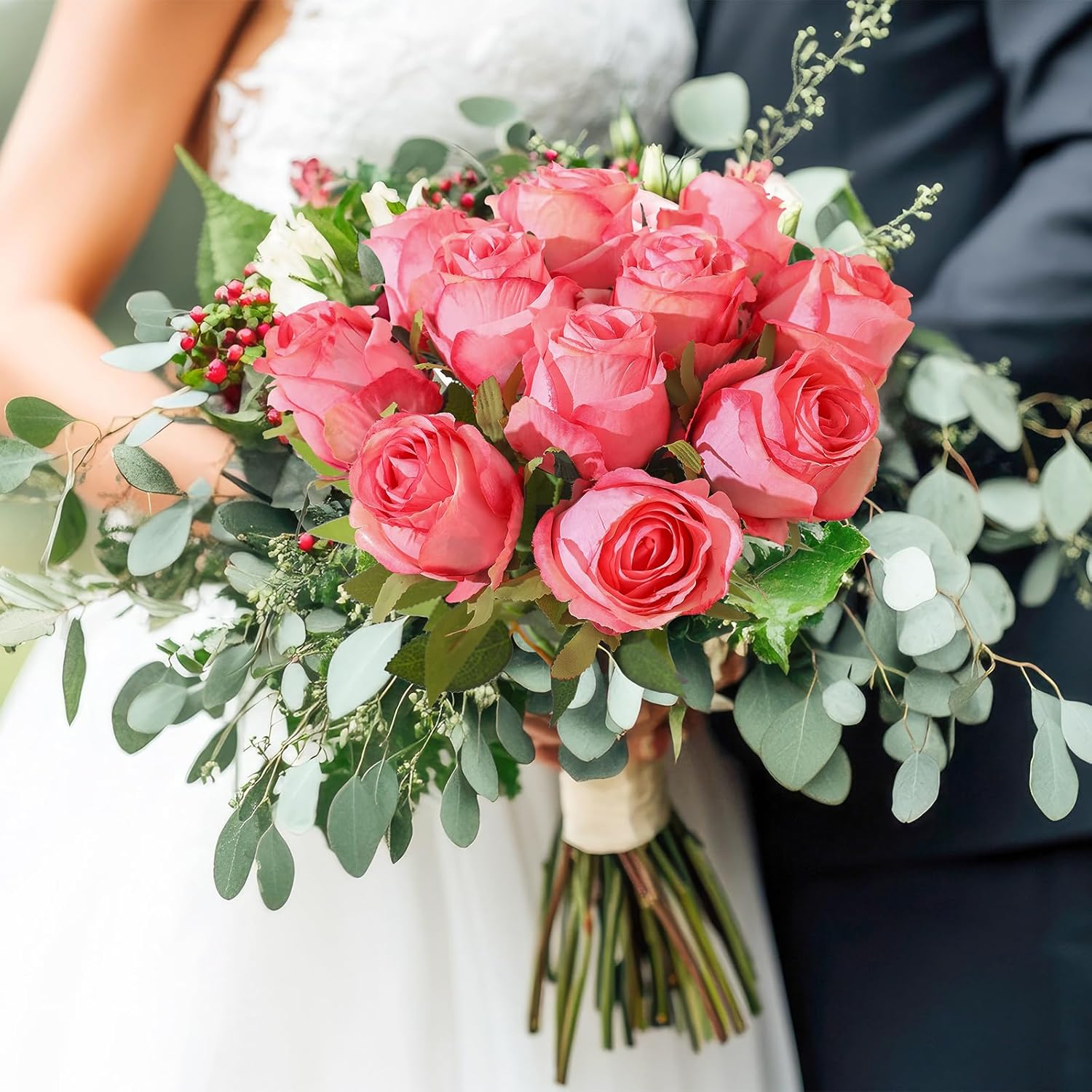 12Pcs Realistic Fake Dark Pink Roses Faux Flowers with Long Stems, Artificial Silk Rose Flowers for Valentines Day Home Wedding Decor Bridal Bouquet