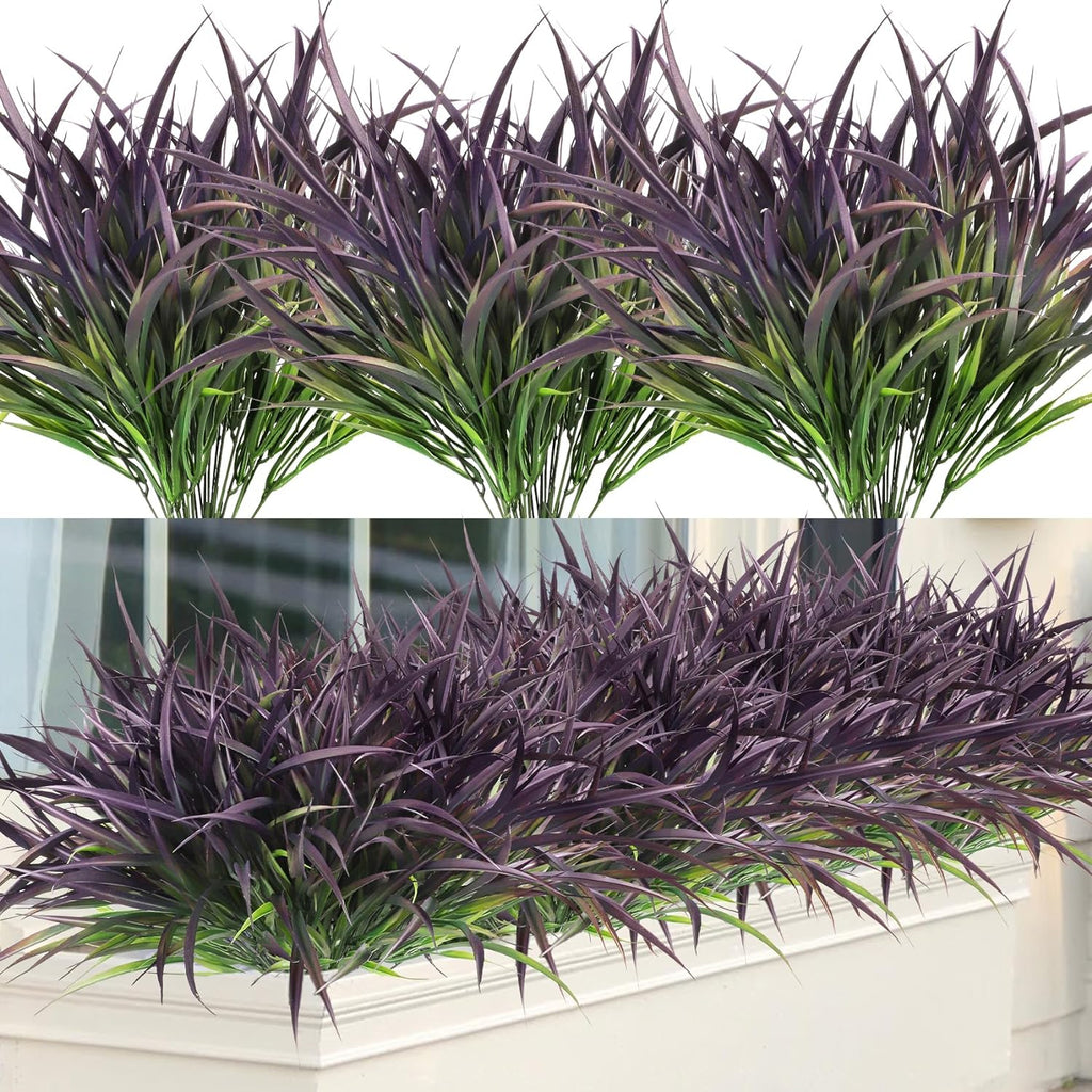 Ouddy Decor 16 Bundles Artificial Plants Outdoor Fake Grass Greenery Stems UV Resistant Faux Plastic Shrubs for Autumn Garden Pathway Front Porch Home Harvest Thanksgiving Halloween Decor, Purple