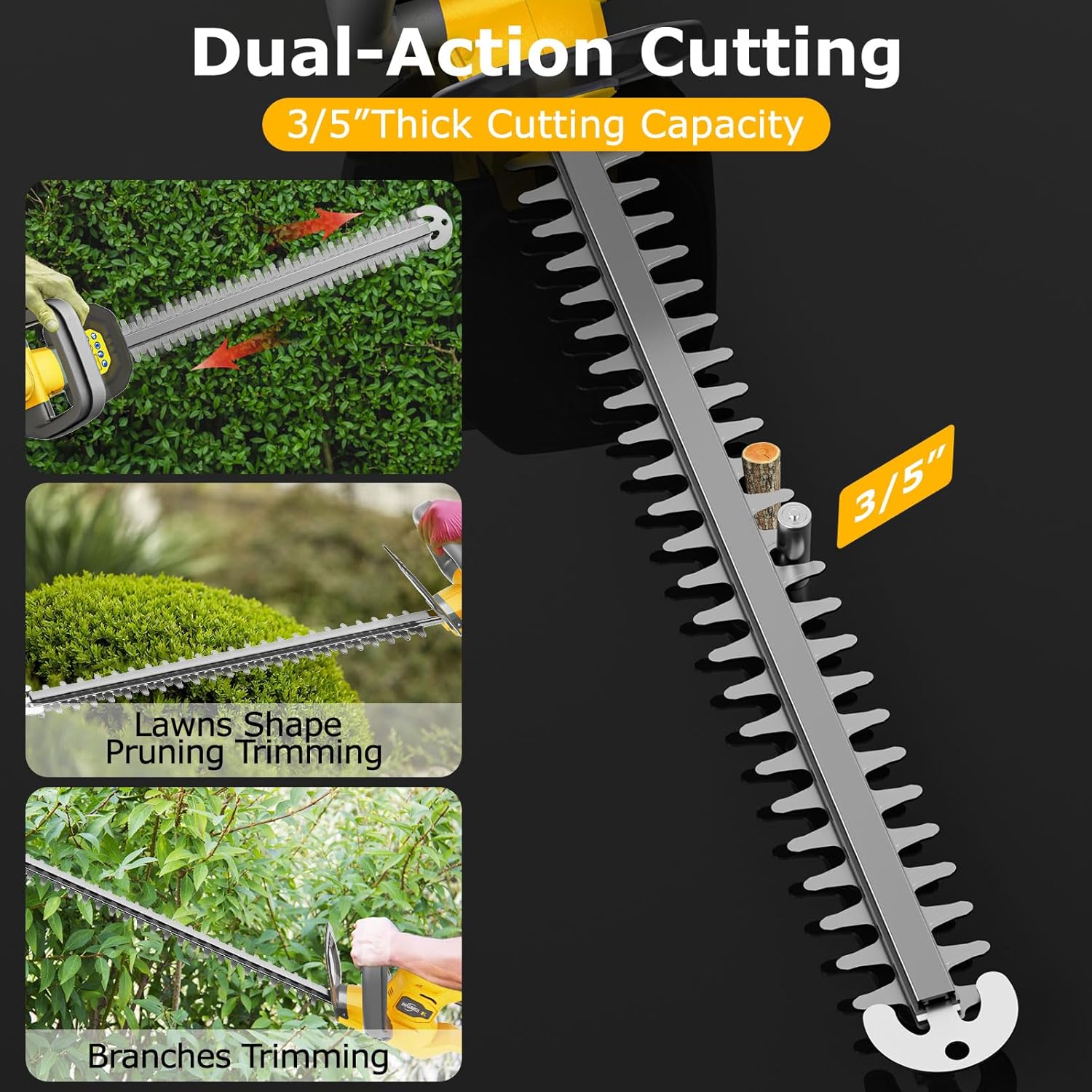 Hedge Trimmer Compatible for Dewalt 20V 60V DCB206 DCB609，Cordless Electric Hedge Trimmer with 1600RPM Brushless Motor, 22'' Dual-Action Blade with 3/5'' Cutting Capacity (NO Battery)
