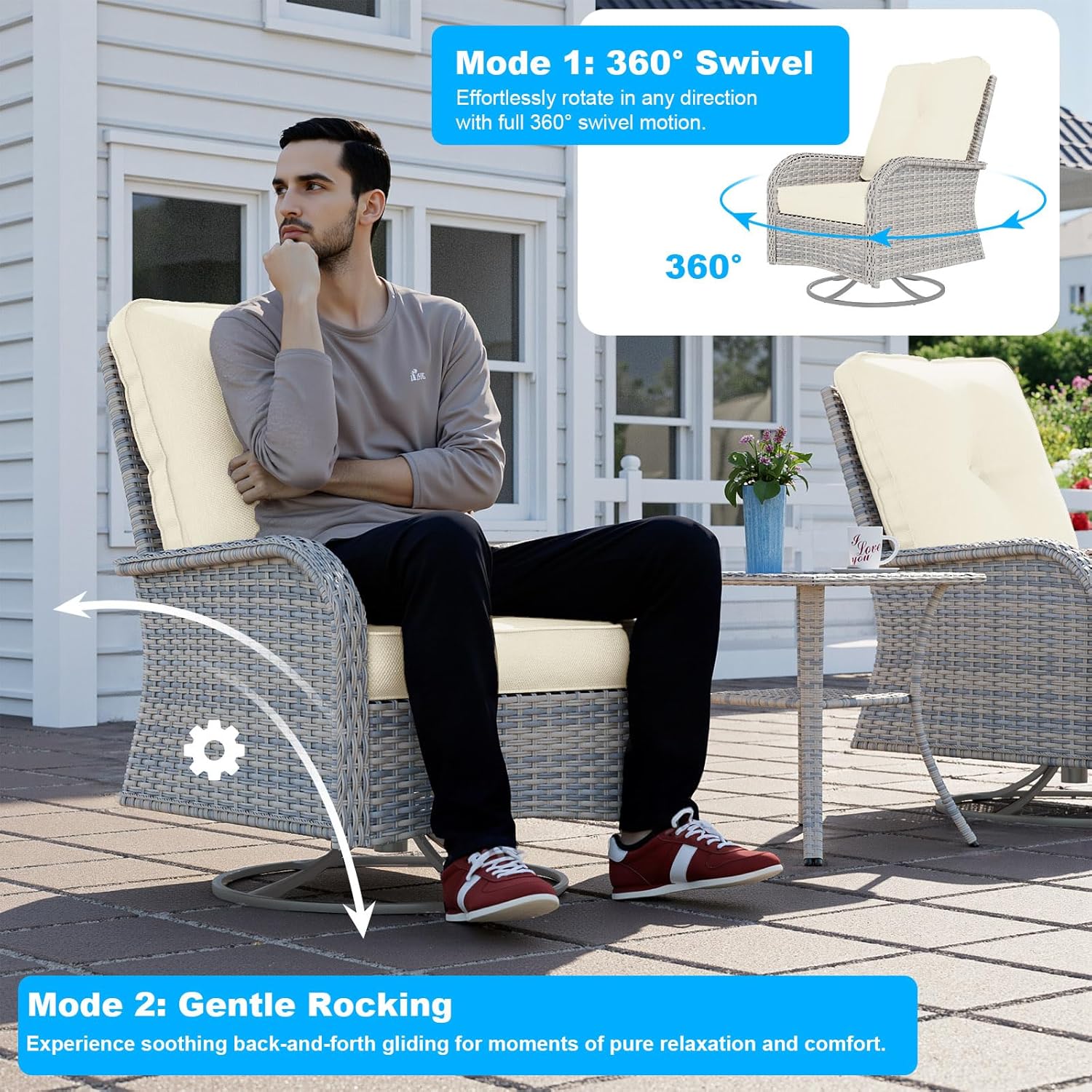 10-Piece Patio Furniture Set, Outdoor Patio Furniture with Swivel Chairs Set, Thick Cushions, Modular Patio Sofa, Dual-Strand Wicker Rattan, Rust-Resistant Frame, Ivory