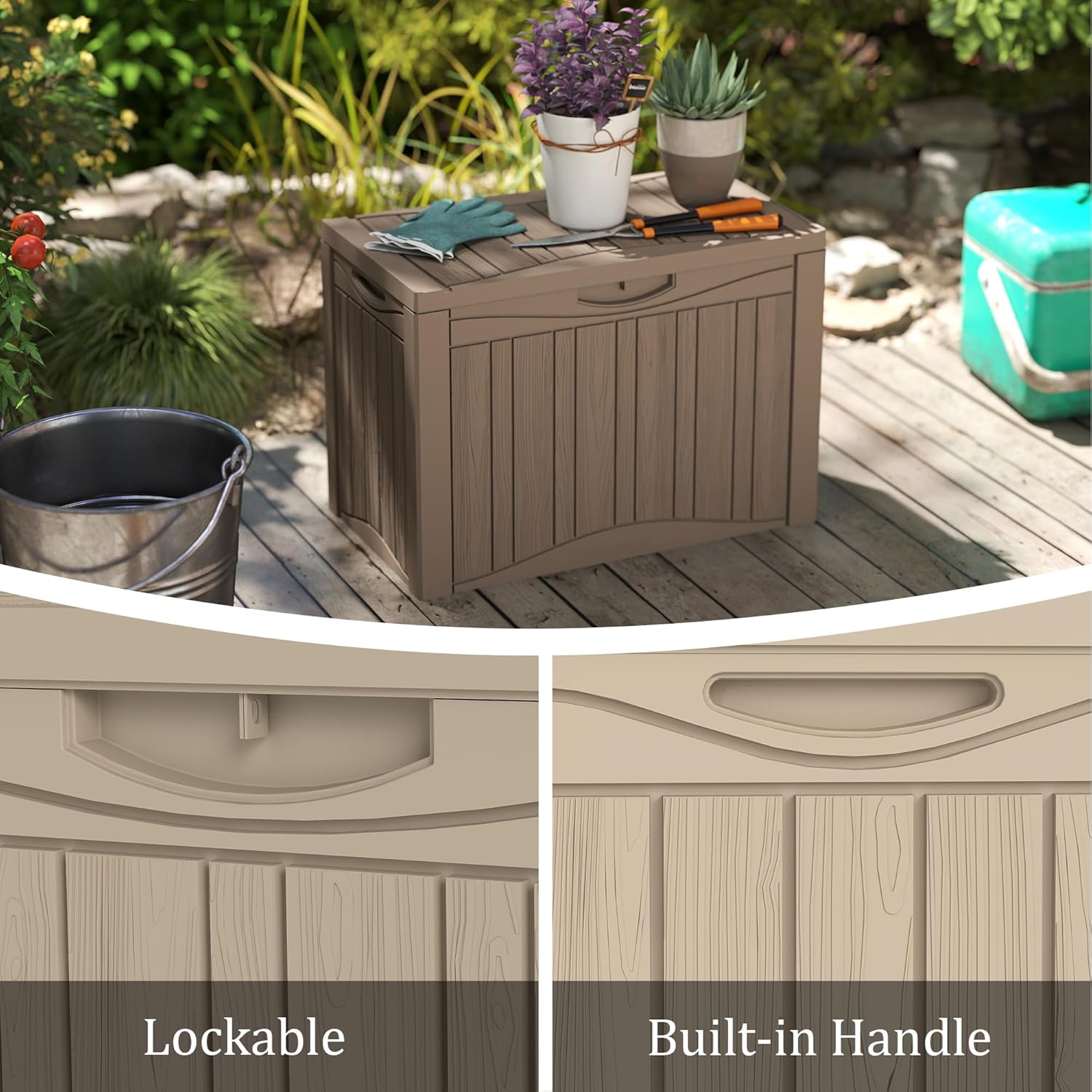 50 Gallon Lockable Resin Deck Box, Waterproof & UV-Resistant Outdoor Storage Box for Outdoor Cushion Storage, Garden Tools & Pool Accessories Storage, Gray