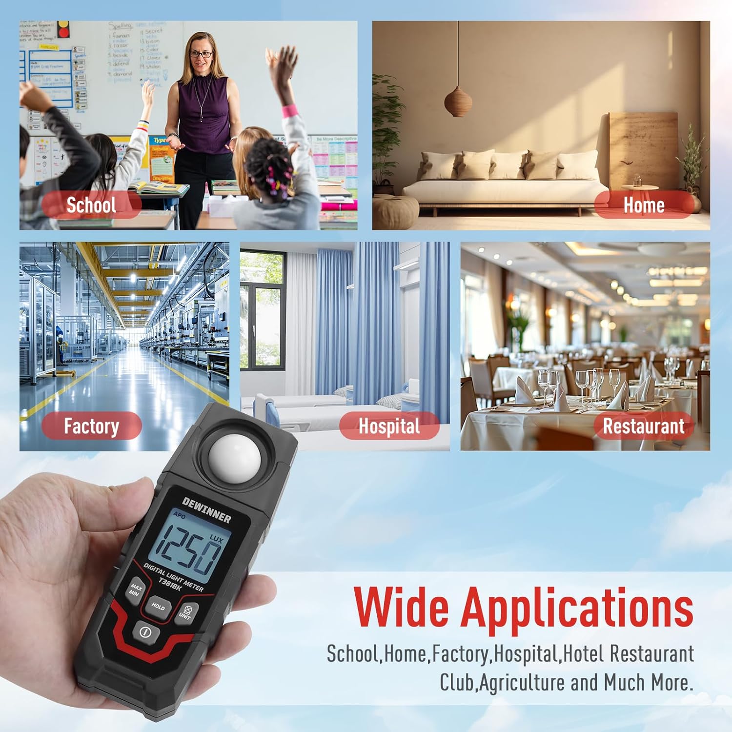 DEWINNER Digital Illuminance Light Meter – 0-200,000 Lux Light Tester for Plants, LED Grow Lights, Car Headlights – Candles Meter, 8X/s Sampling, 120° Angle, Backlit Display (Battery Included)